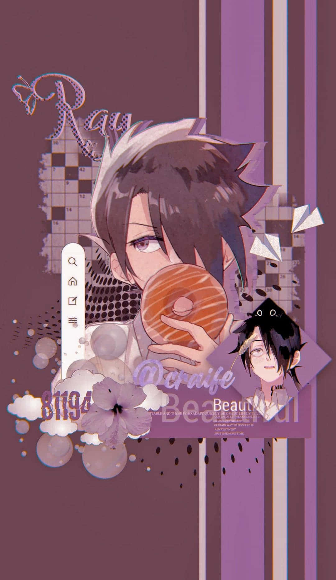 Ray The Promised Neverland 桌布 壁紙 — 黑髮動漫男孩在紫色條紋背景上拿著一個釉面甜甜圈，背景有漂浮的紙飛機和花卉元素。
