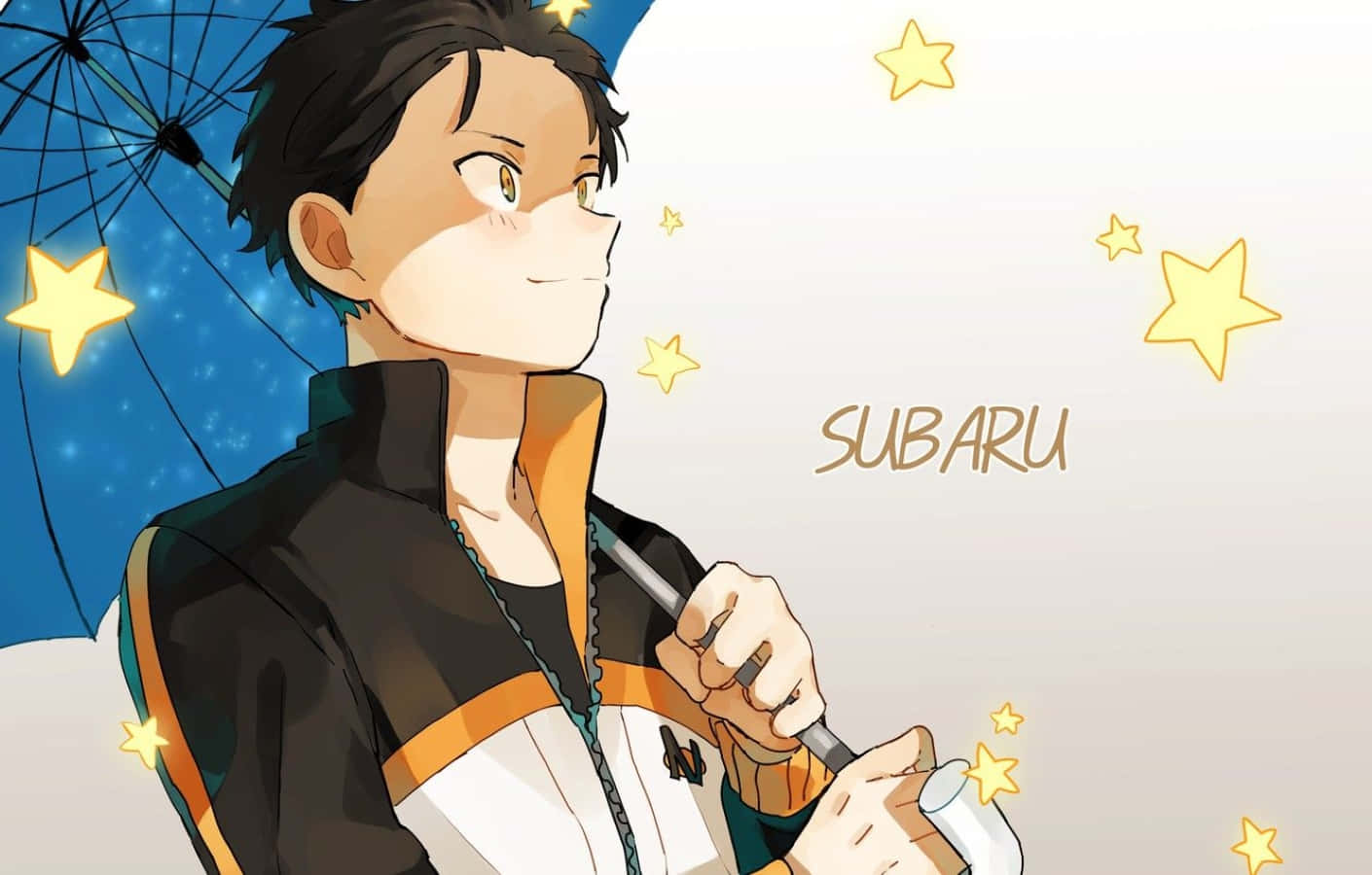 Subaru Natsuki 桌布 壁紙 — 黑髮動漫男孩在閃爍著金色星星的星空下撐著傘。