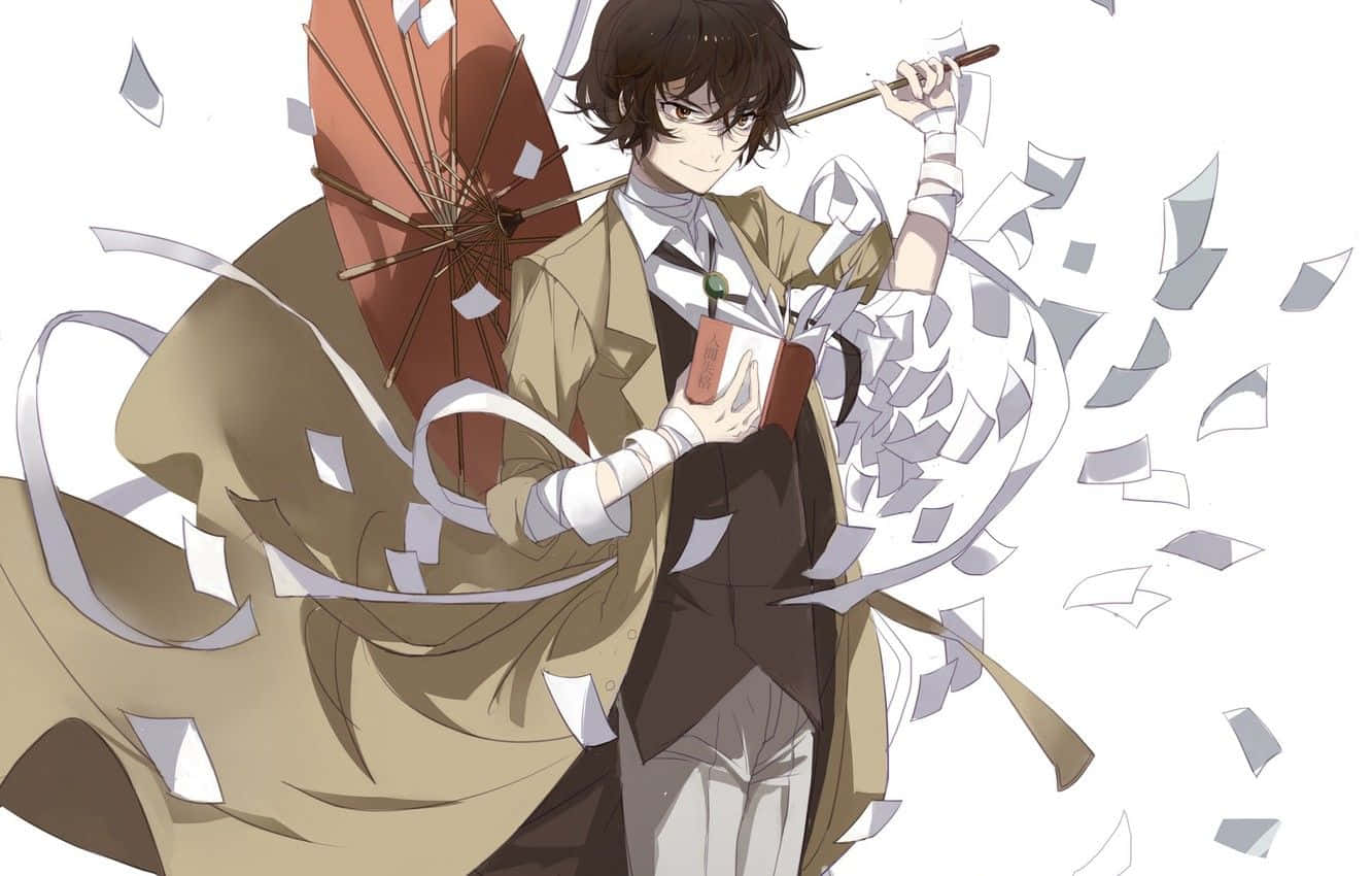 動漫男孩 桌布 壁紙 — 黑髮動漫男孩拿著紅色雨傘和書本，紙張碎片在他周圍動態旋轉。