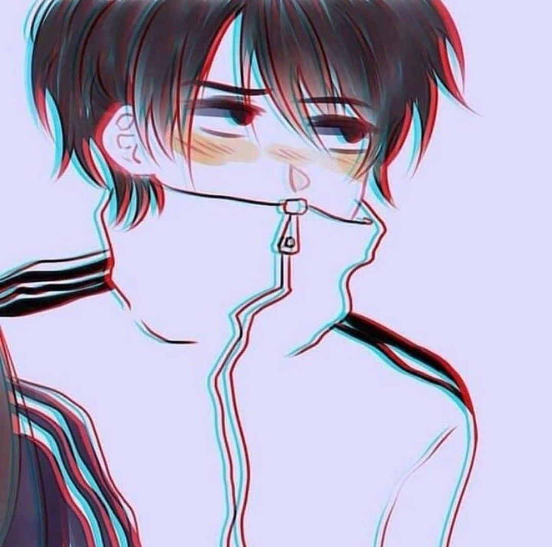 可愛動漫頭貼 桌布 壁紙 — 黑髮動漫男孩穿著條紋連帽衫，帶有紅藍色差效果。