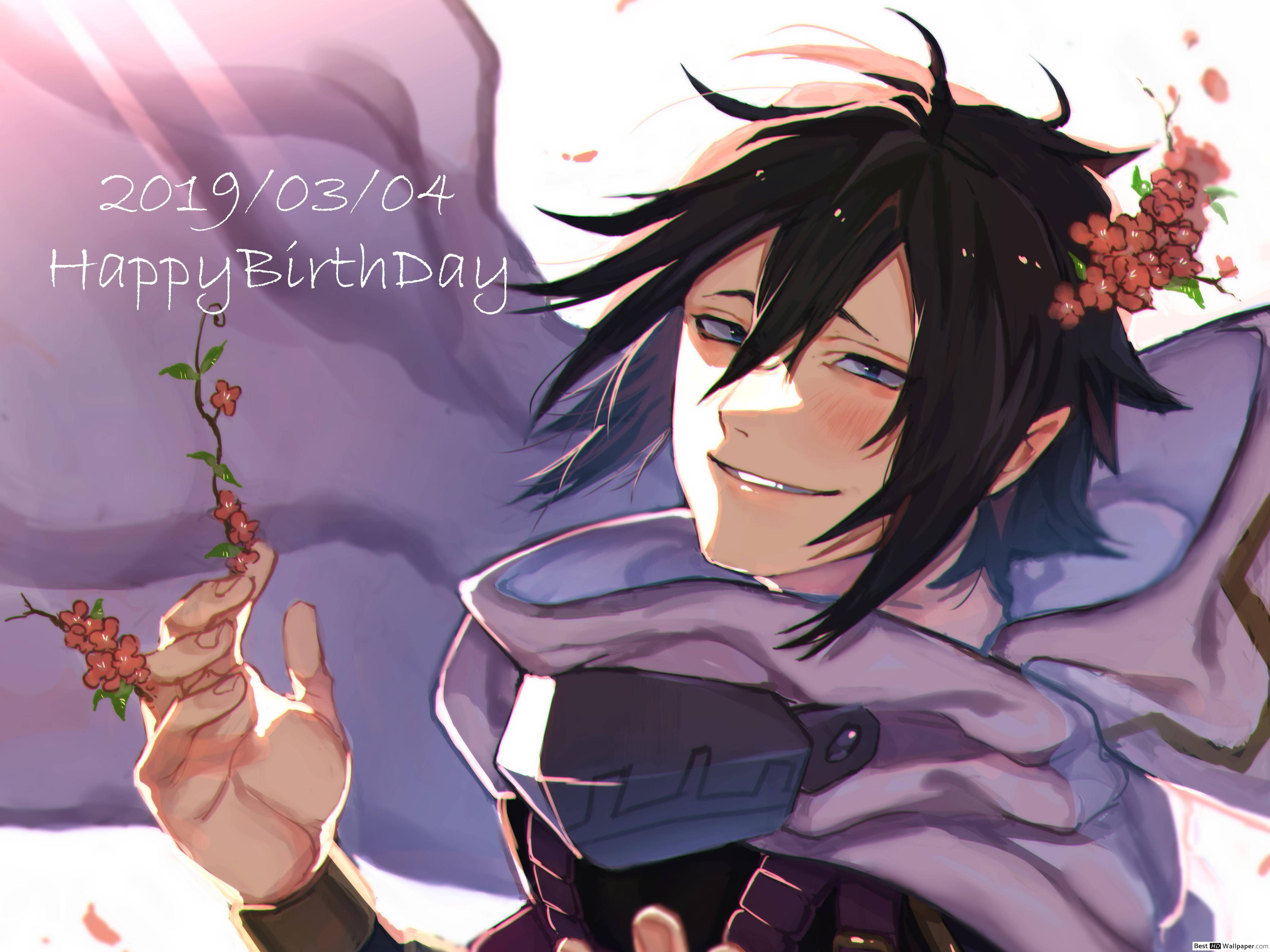 Tamaki Amajiki 桌布 壁紙 — 黑髮動漫角色手持櫻花，在柔和的紫色背景前溫暖微笑。
