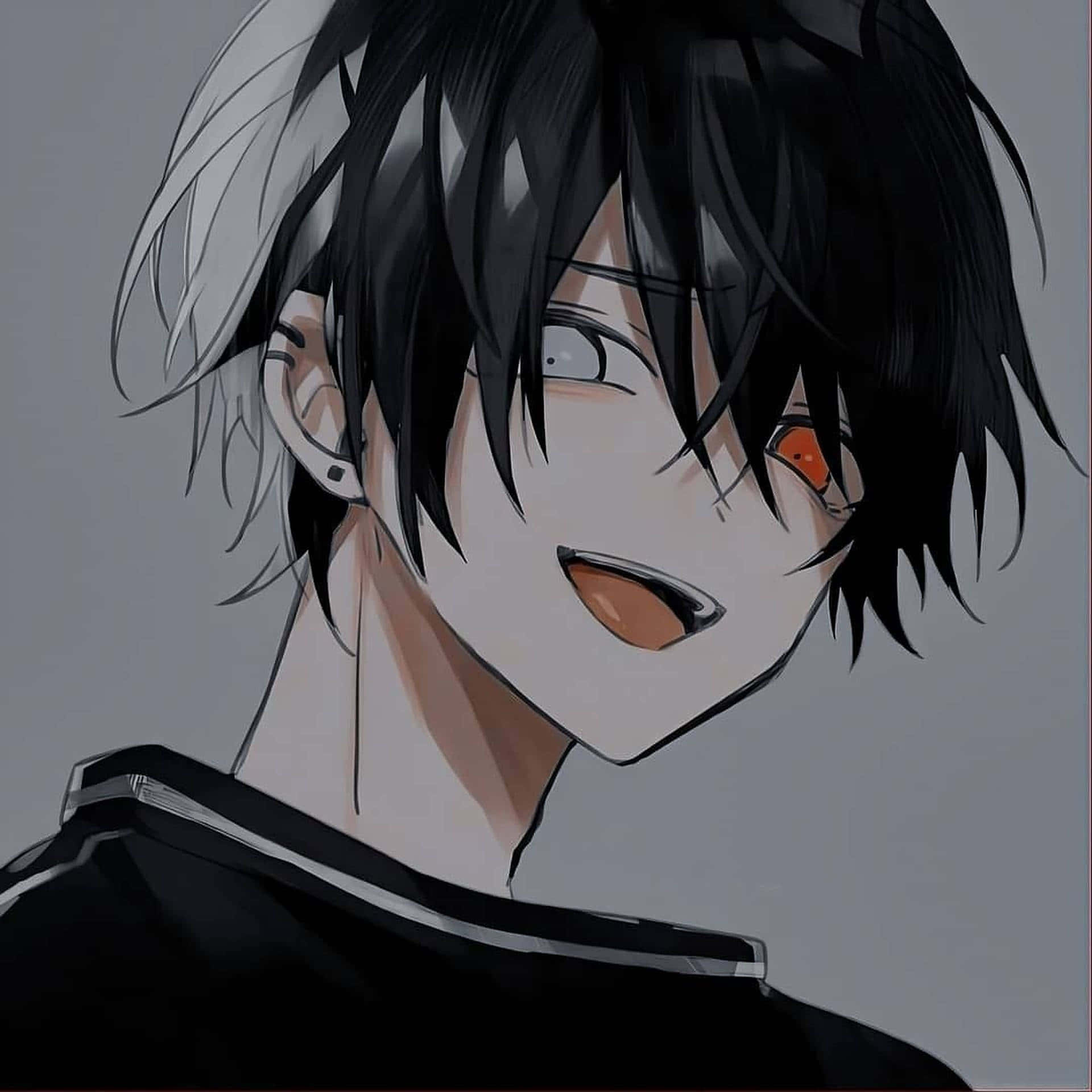 動漫男孩 桌布 壁紙 — 黑髮單橙眼動漫角色在灰色背景上微笑。