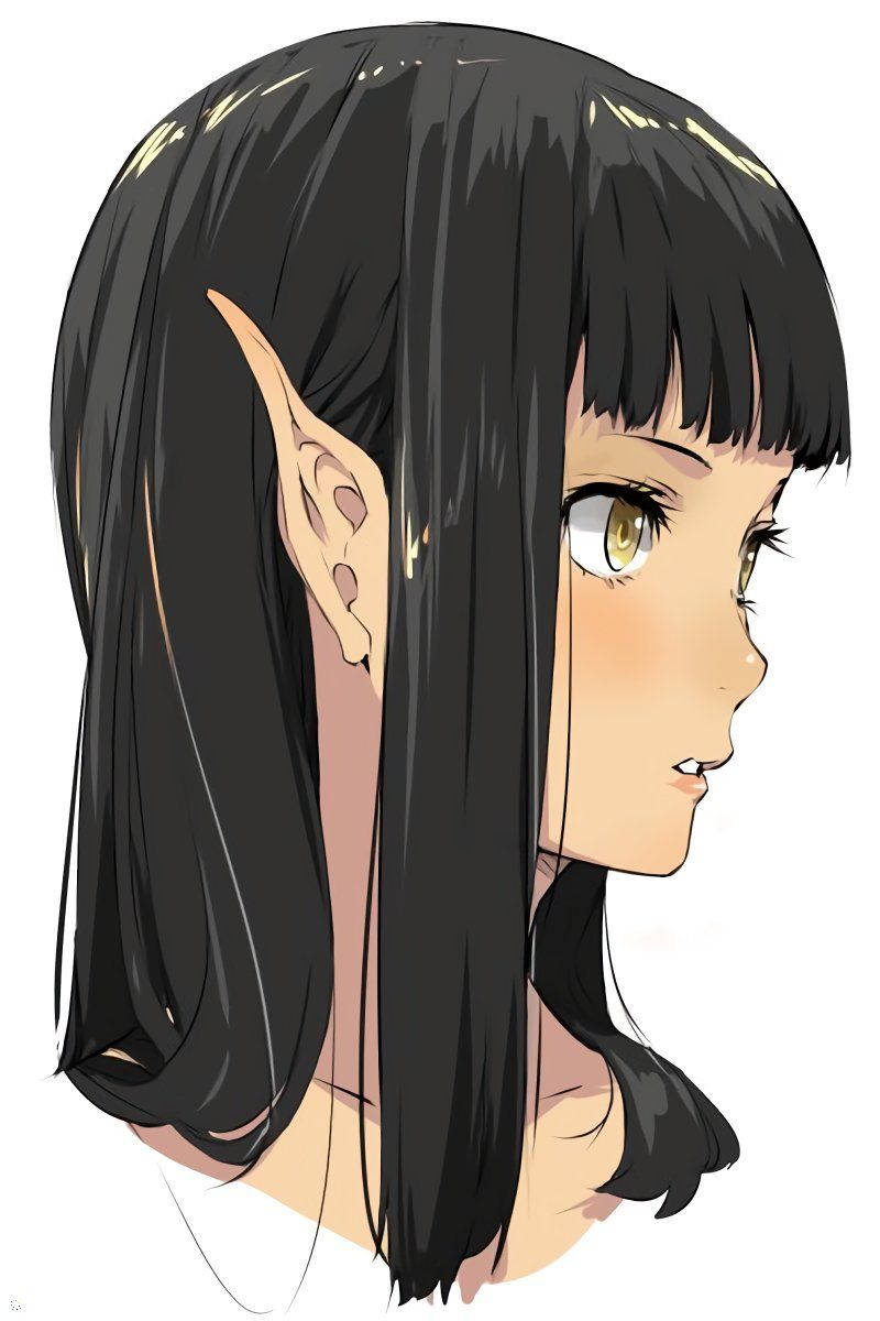 World 桌布 壁紙 — 黑髮尖耳動漫少女，金色眼睛側視，背景為純白色。