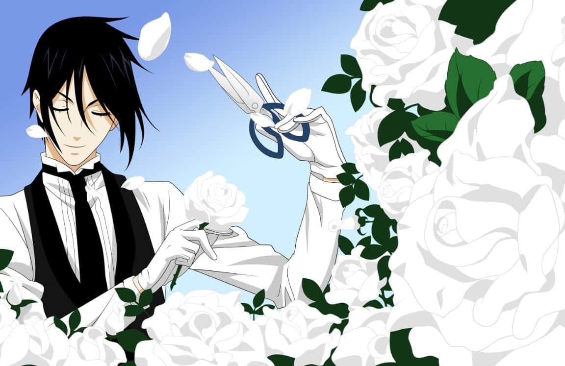 sebastian michaelis 桌布 壁紙 — 黑髮戴白手套的動漫角色，用藍柄剪刀修剪白玫瑰，背景是晴朗的藍天。