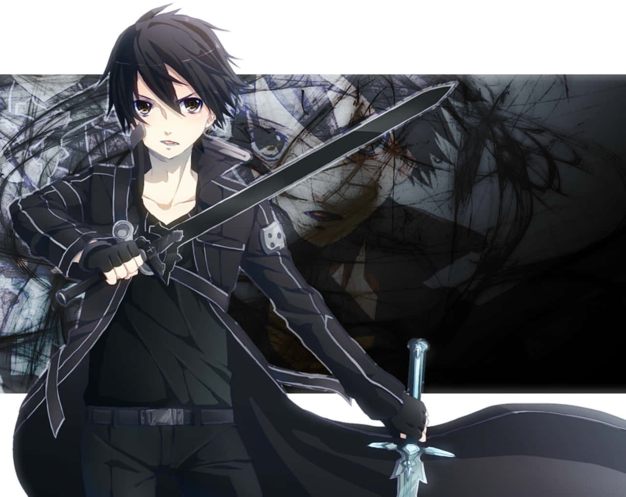 Kazuto Kirigaya 桌布 壁紙 — 黑髮持劍的動漫戰士在帶有鬼臉的黑暗抽象背景前擺出架勢。
