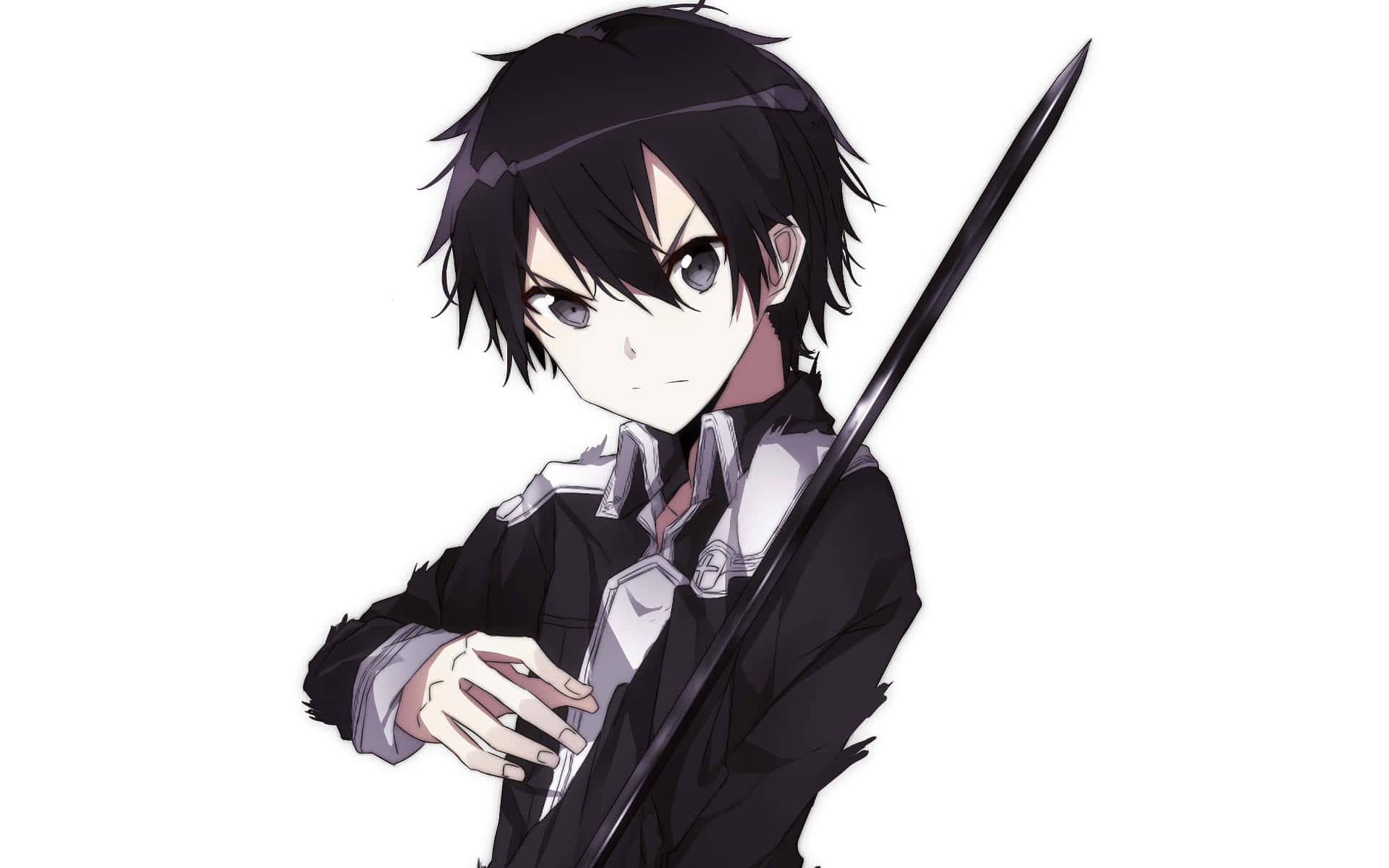 Kazuto Kirigaya 桌布 壁紙 — 黑髮持劍的動漫男孩在純白背景上凝視。