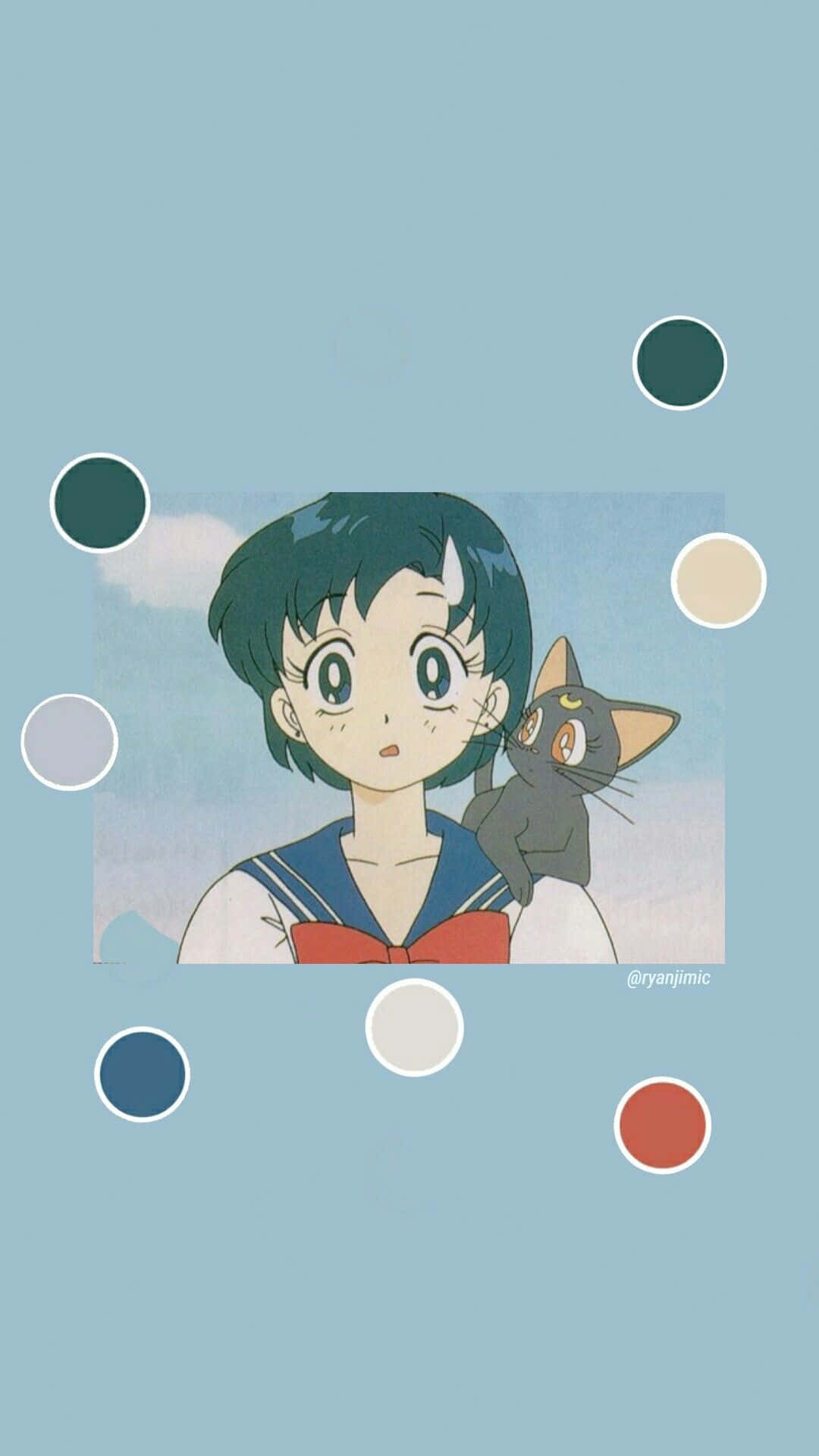 Sailor Moon iPad 桌布 壁紙 — 黑髮水手服動畫女孩抱著一隻黑貓，背景是柔和的藍天和漂浮的彩色圓圈。