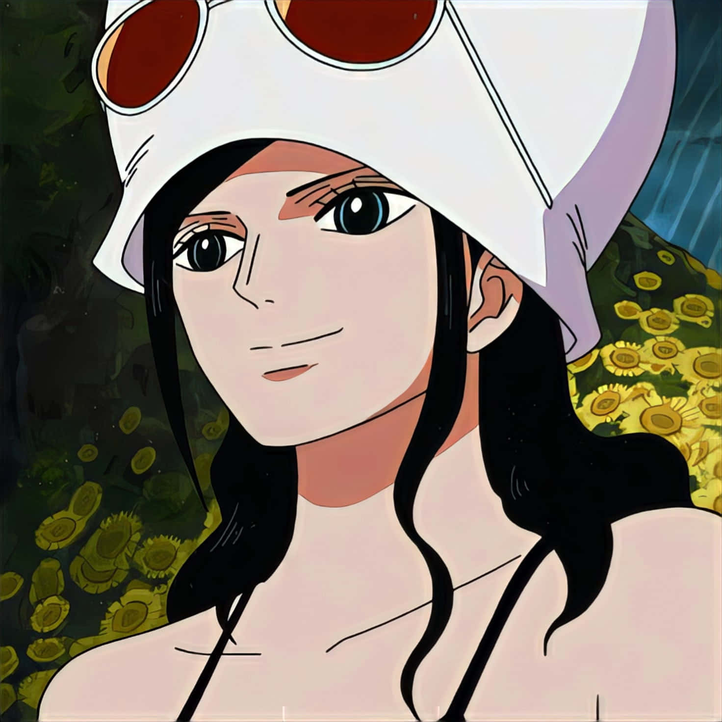 Nico Robin 桌布 壁紙 — 黑髮白帽的動漫角色在向日葵和深色樹葉背景下溫柔微笑。