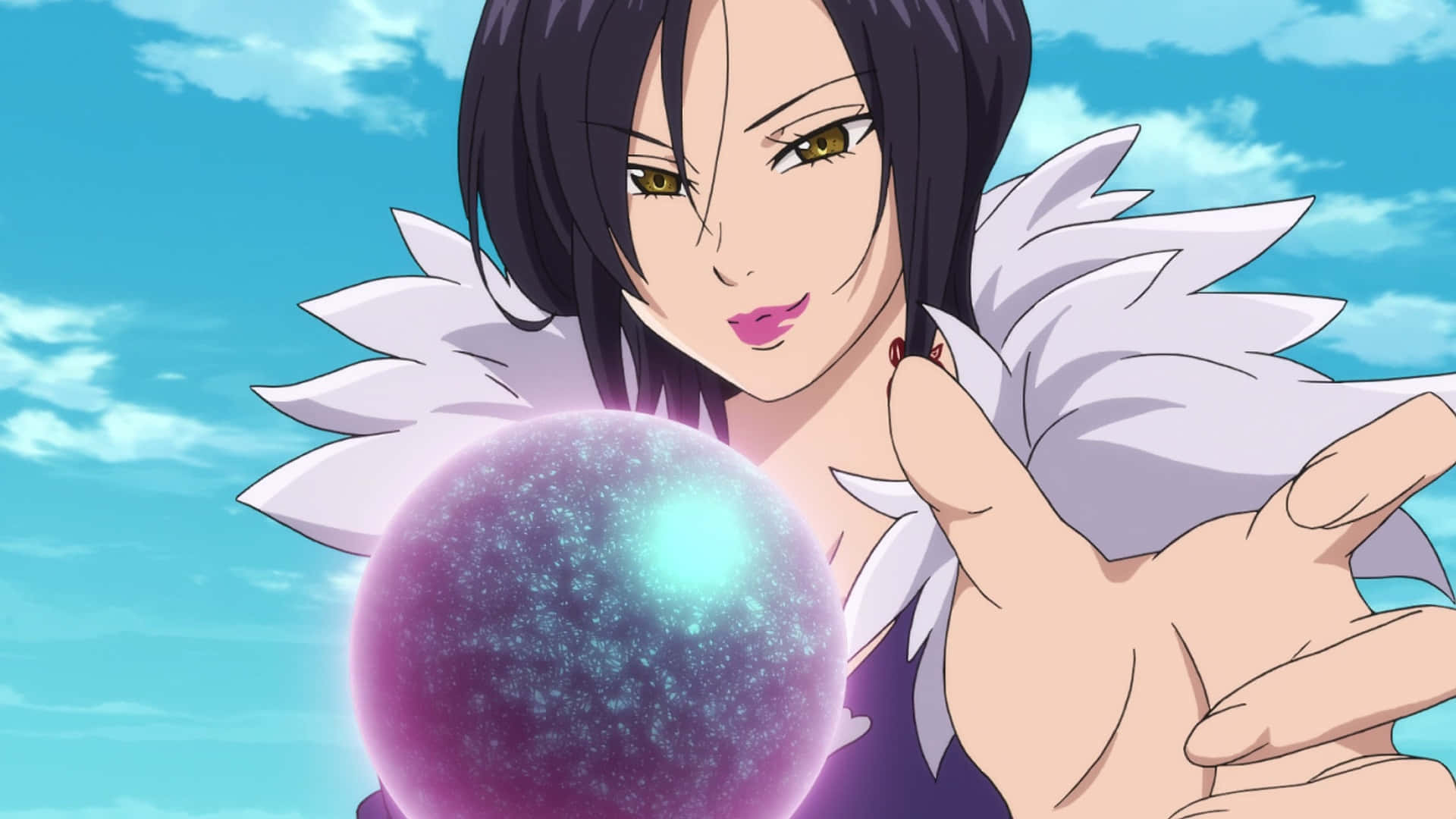 Seven Deadly Sins Merlin 桌布 壁紙 — 黑髮白羽翼的動漫女孩，在明亮的藍天下手持發光的紫色球體。