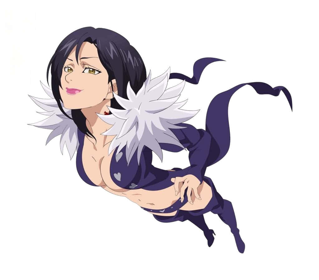 Seven Deadly Sins Merlin 桌布 壁紙 — 黑髮白羽翼的動漫女孩，穿著深紫色服裝，以動態飛翔姿勢呈現。