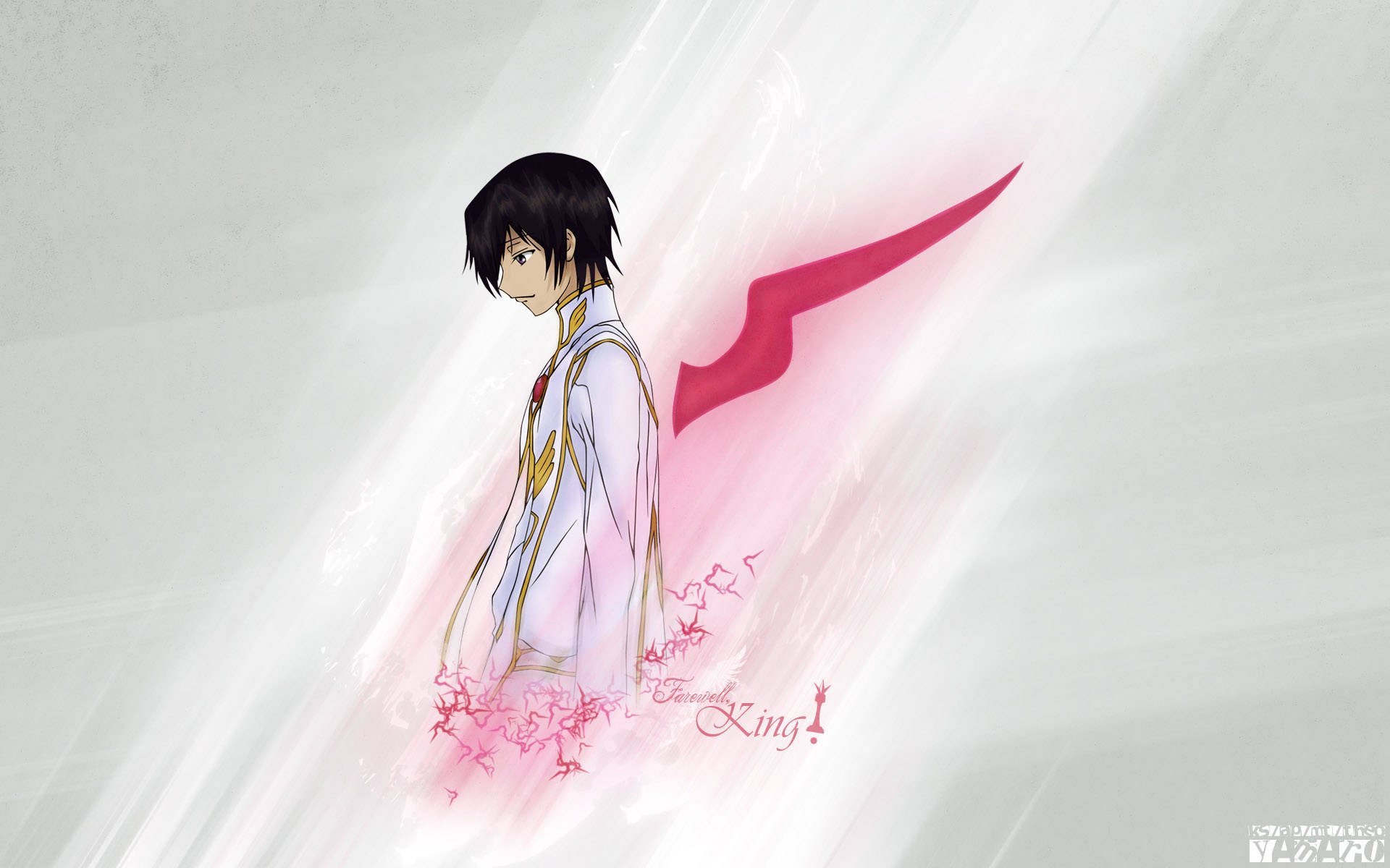 Lelouch 桌布 壁紙 — 黑髮白衣的動漫角色站在發光的粉紅色劍旁，背景為明亮的白色。