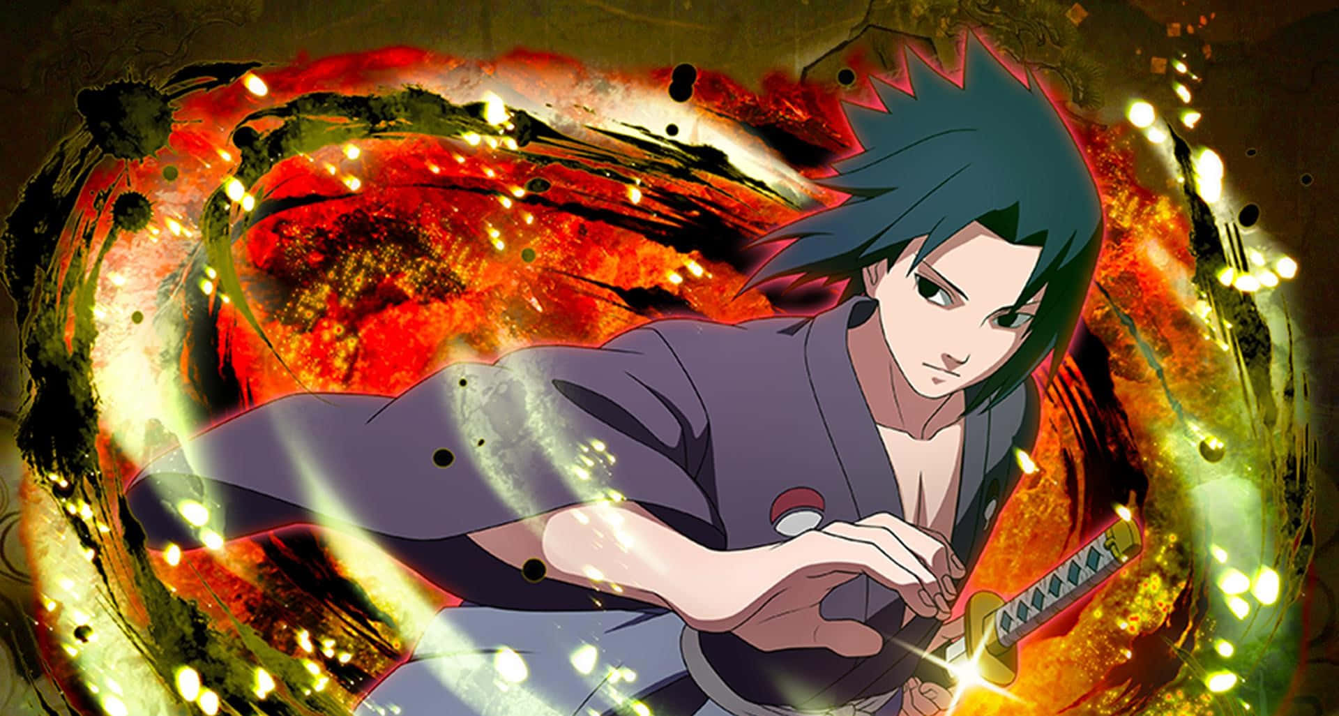 Izuna Uchiha 桌布 壁紙 — 黑髮的動漫戰士在旋轉的紅色和金色能量中揮舞著發光的劍，呈現出動態的戰鬥場景。