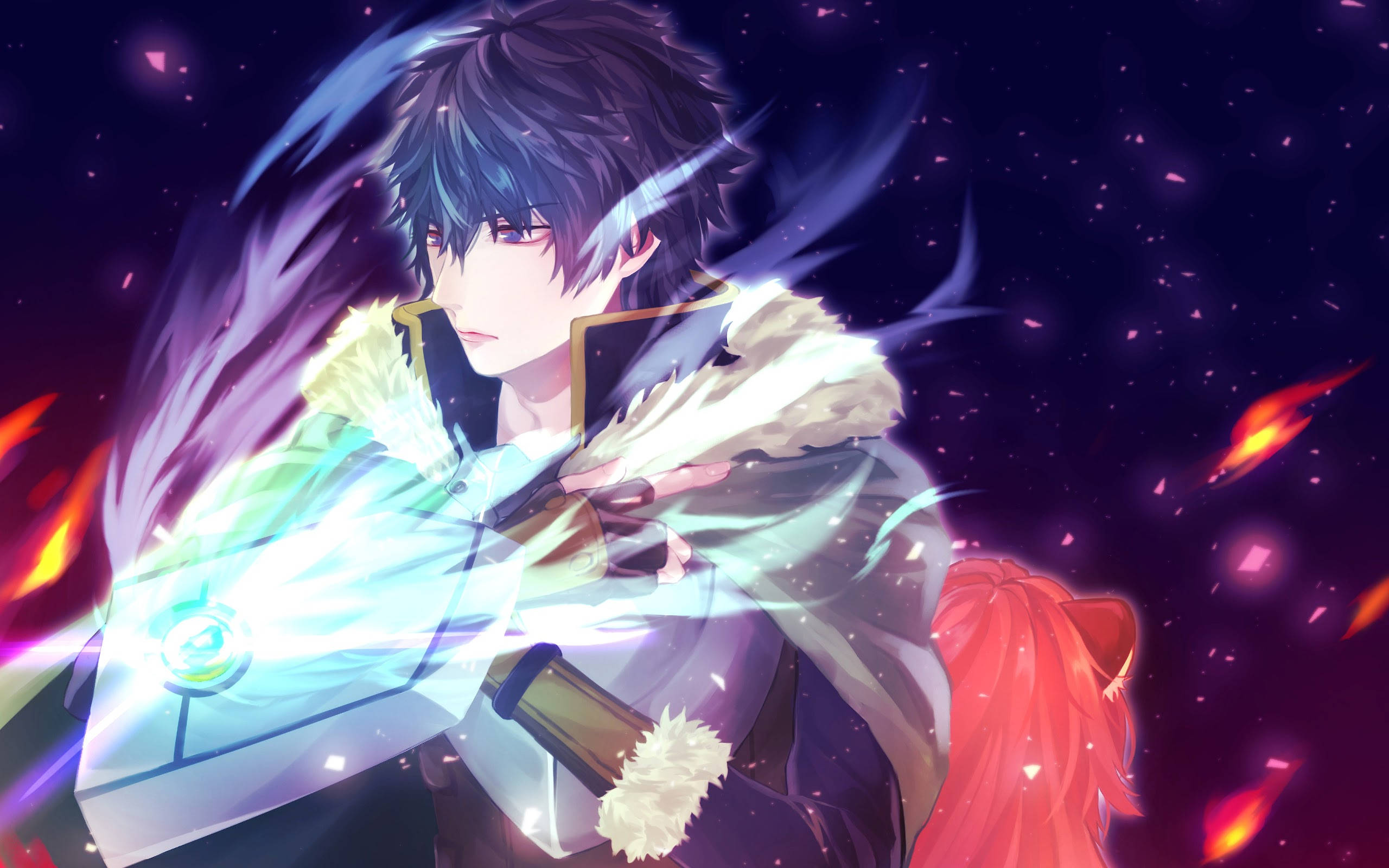 shield 桌布 壁紙 — 黑髮的動漫戰士在星紫色虛空中，於熾熱宇宙粒子間揮舞發光劍。