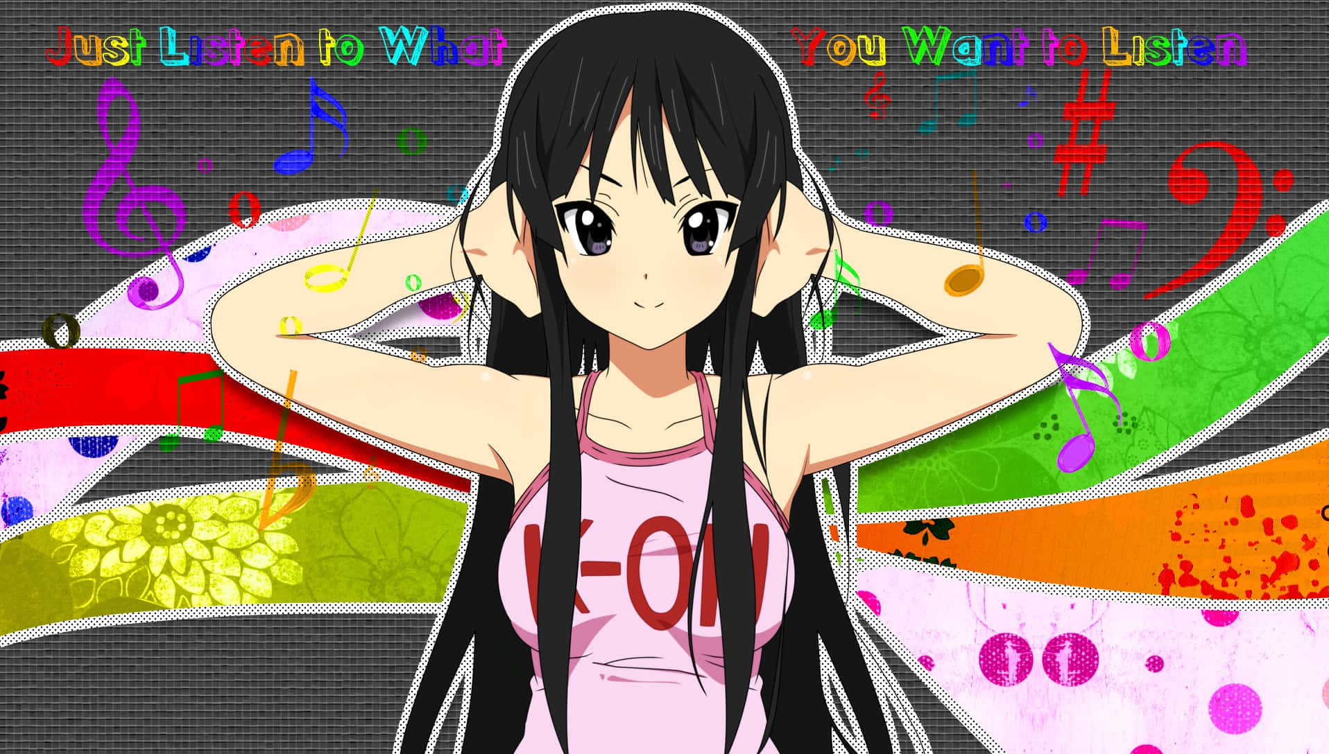 K-ON！輕音部 桌布 壁紙 — 黑髮粉紅背心動漫女孩在鮮豔條紋背景前，用雙手捂住耳朵，彩色音符在她周圍飄浮。