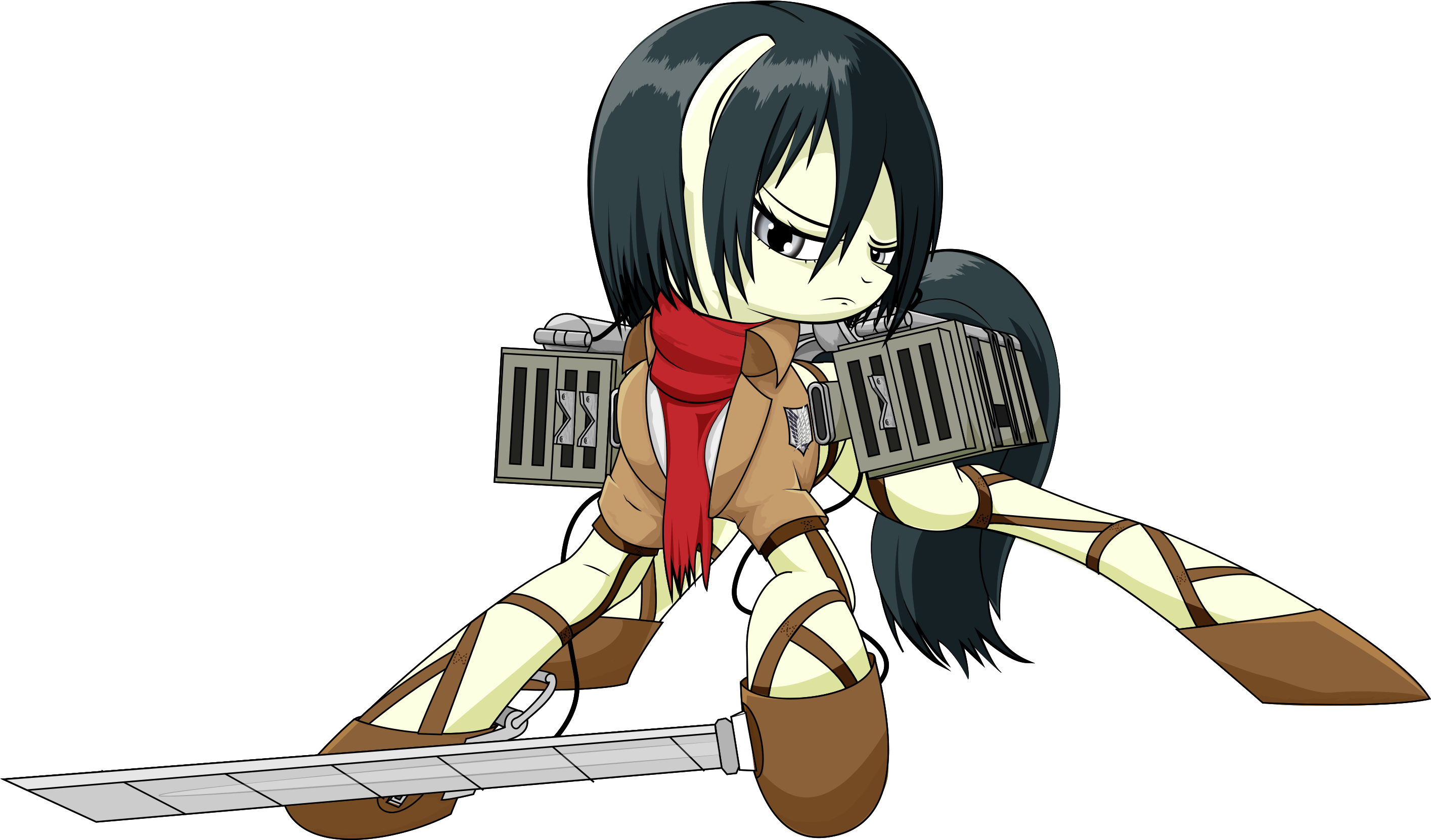 Mikasa Ackerman 桌布 壁紙 — 黑髮紅圍巾的Q版動漫少女，在黑色背景前揮舞劍，身上裝備著籠子般的背包。
