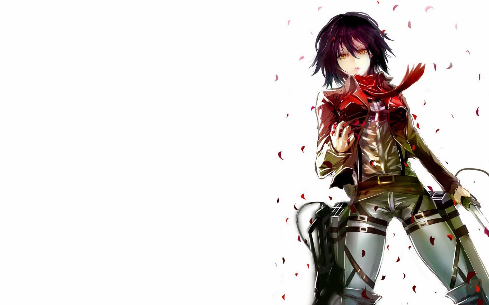 Mikasa Ackerman 桌布 壁紙 — 黑髮紅圍巾的動漫少女站在純白背景中飄落的紅色花瓣之間。