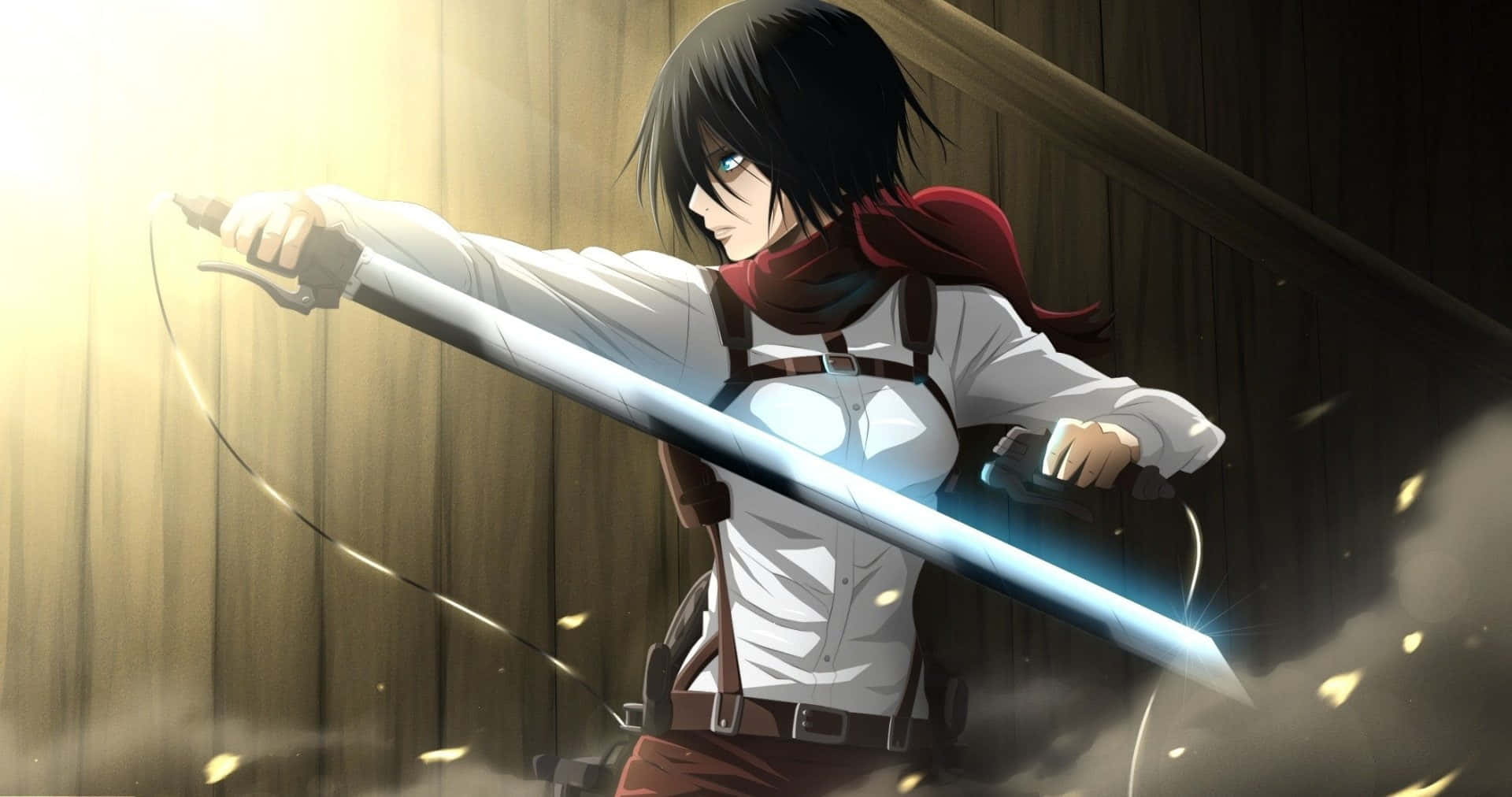 Attack On Titan Season 1 桌布 壁紙 — 黑髮紅圍巾的動漫戰士在戲劇性的木質走廊中揮舞發光劍，伴隨著金色光芒。