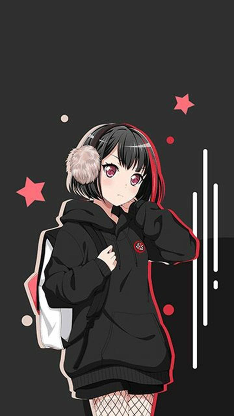 girls 桌布 壁紙 — 黑髮紅挑染的動漫女孩穿著黑色連帽衫和耳罩，背景深色帶有粉紅星星。