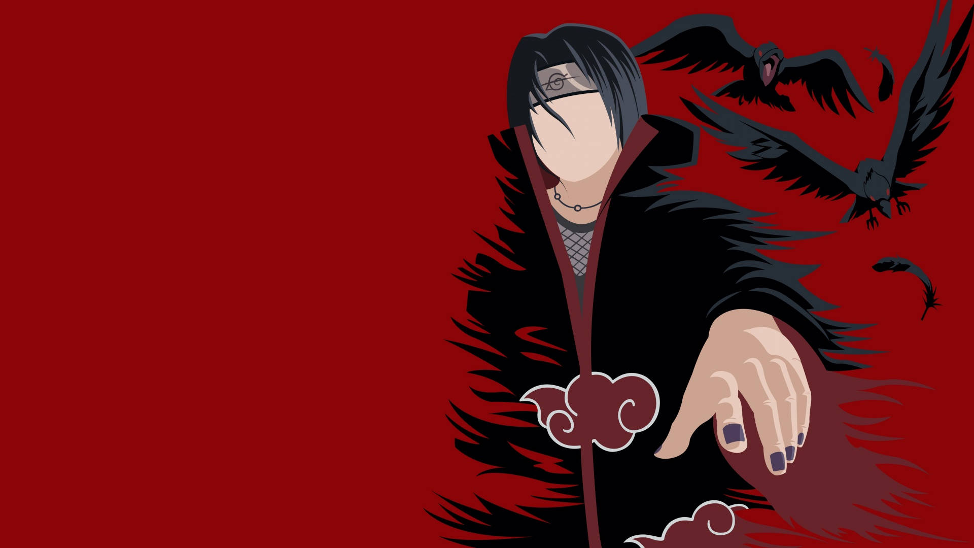 Uchiha 桌布 壁紙 — 黑髮紅斗篷的動漫角色在鮮紅色背景上伸出手，背景有暗色鳥群。