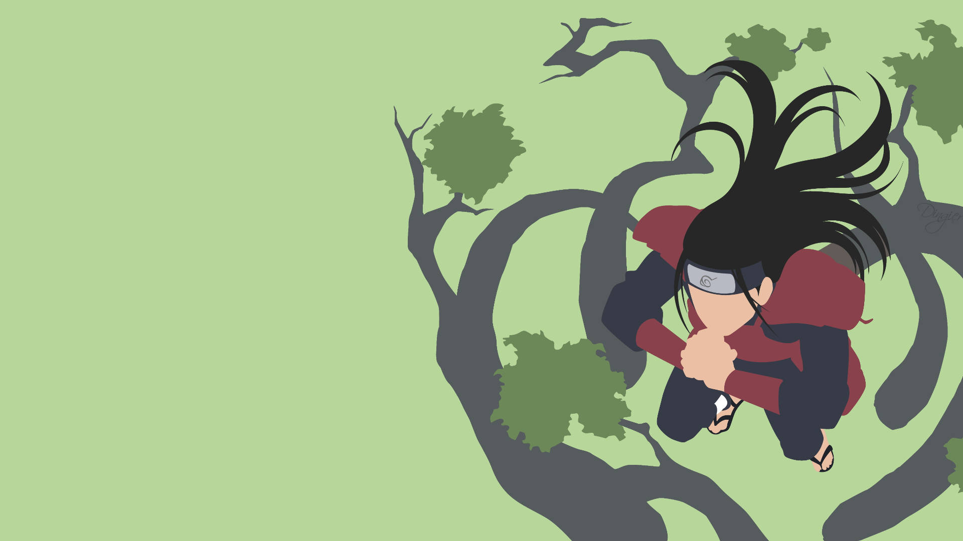 Tree 桌布 壁紙 — 黑髮紅斗篷的動漫角色蹲在蒼綠色背景中扭曲的暗樹之間。