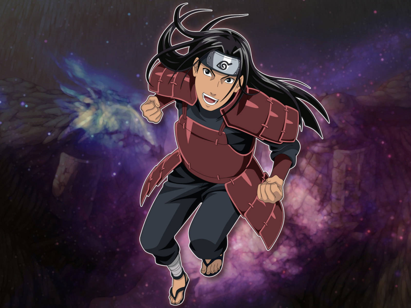 銀河 桌布 壁紙 — 黑髮紅甲動漫忍者，在宇宙紫色星雲背景下動態奔跑。