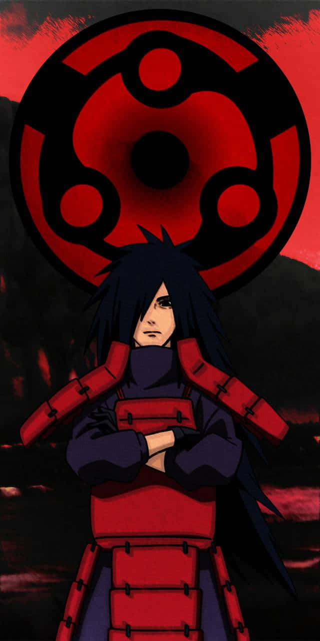 madara sharingan 桌布 壁紙 — 黑髮紅甲動漫角色自信地站在帶有大型寫輪眼符號的紅黑背景前。