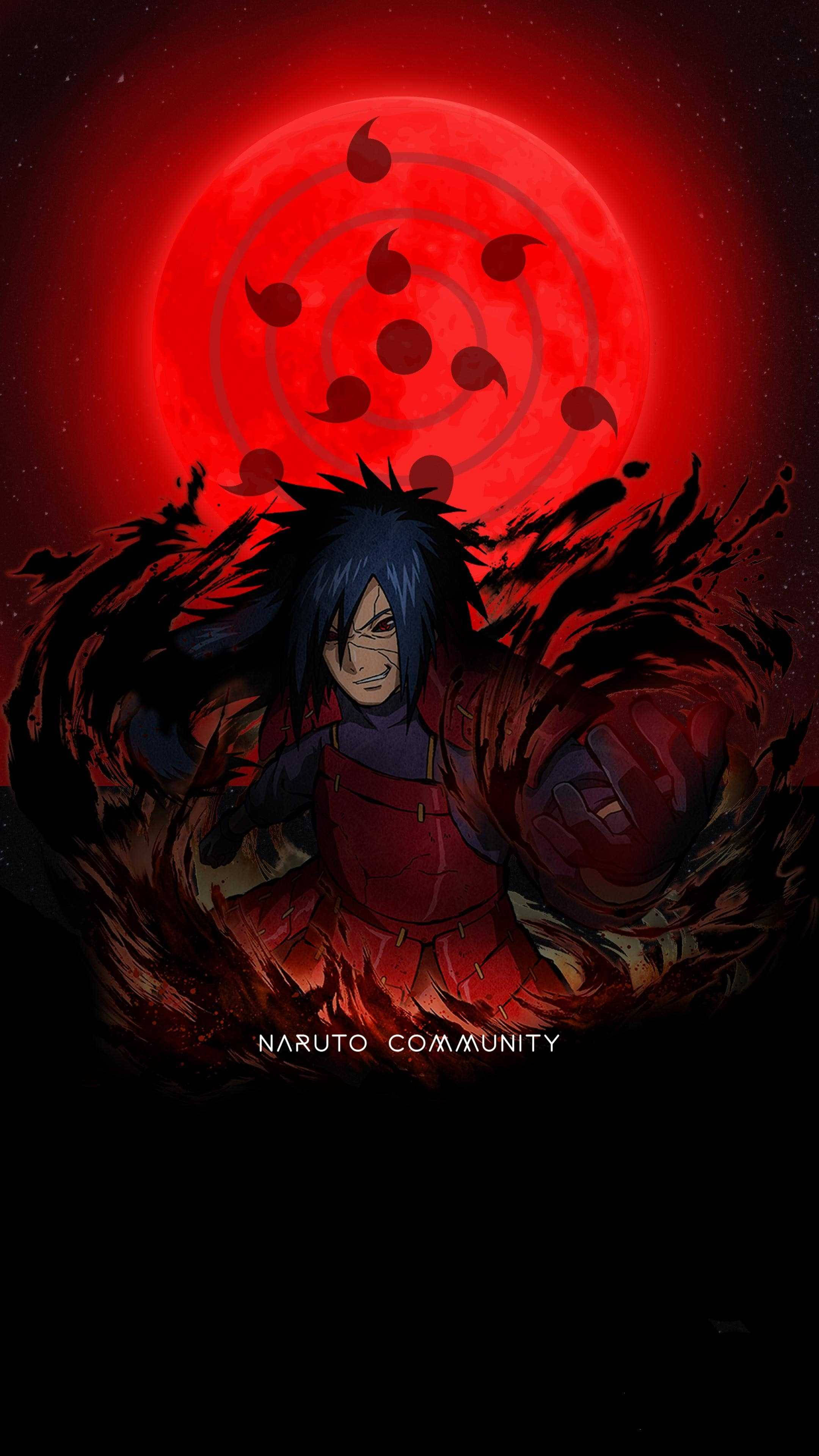 Uchiha 桌布 壁紙 — 黑髮紅甲的動漫角色站在巨大的紅月前，黑色巴紋符號在他周圍旋轉。