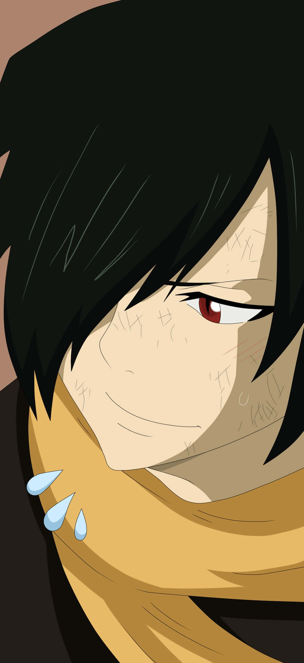 Rogue Cheney 桌布 壁紙 — 黑髮紅眼、頸上有汗珠的堅定年輕男子特寫動畫肖像。