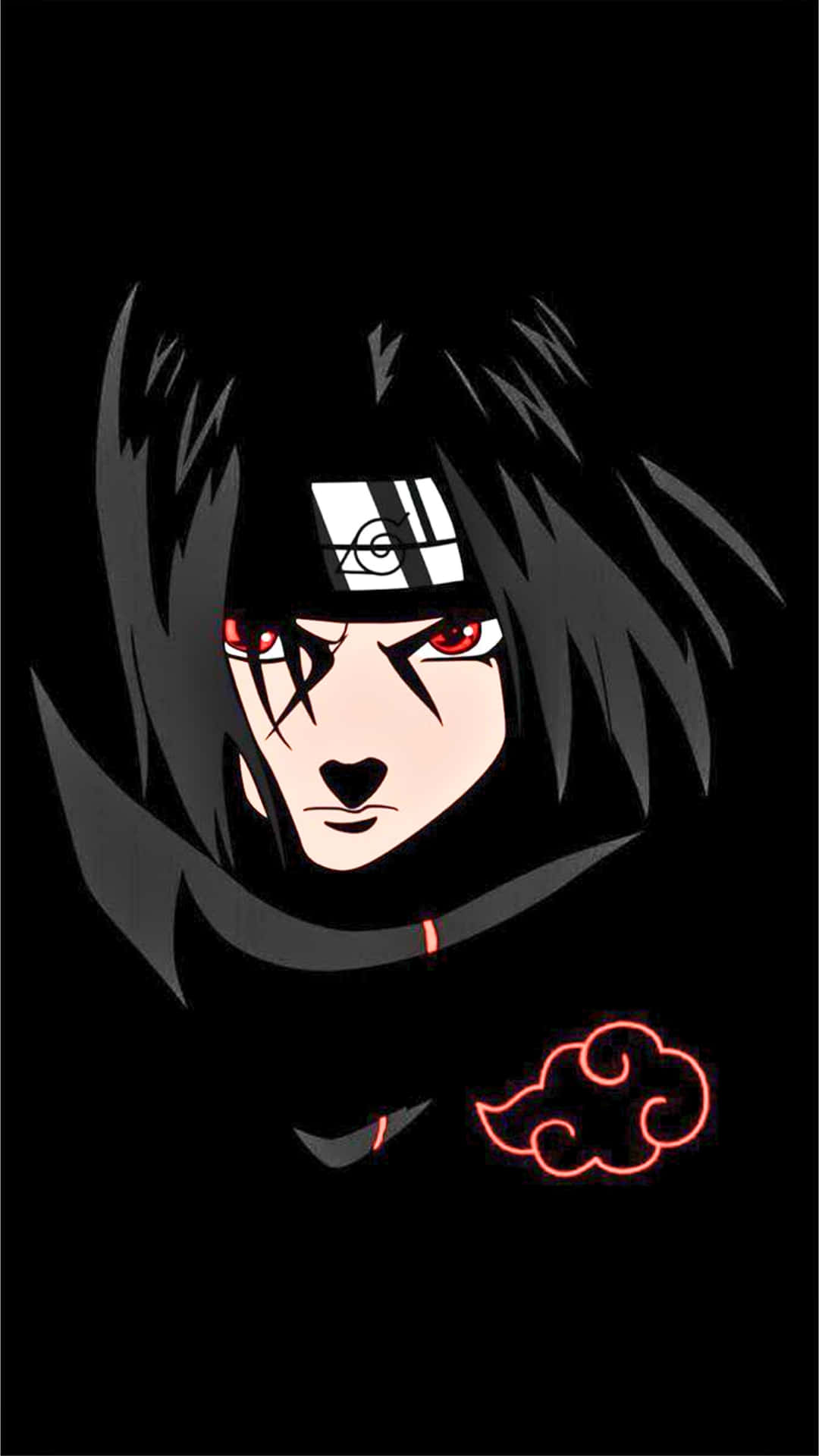 Sasuke logo 壁紙 — 黑髮紅眼、黑色背景上有紅色雲朵符號的動漫角色。