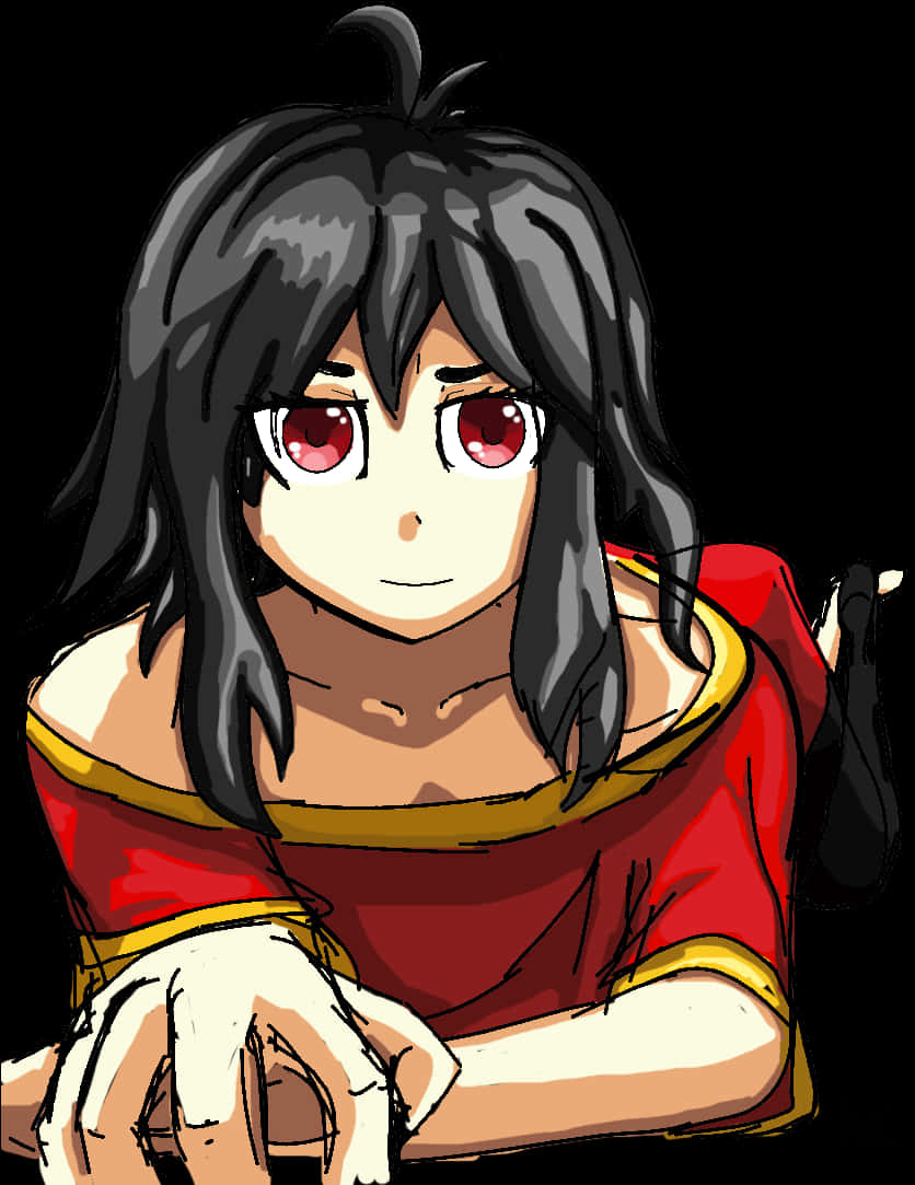 Megumin 桌布 壁紙 — 黑髮紅眼動漫女孩，穿著紅金色上衣，背景為黑色。