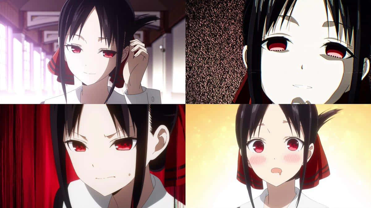 Kaguya Sama Love Is War 桌布 壁紙 — 黑髮紅眼動漫女孩以四個富有表現力的特寫面板展示。