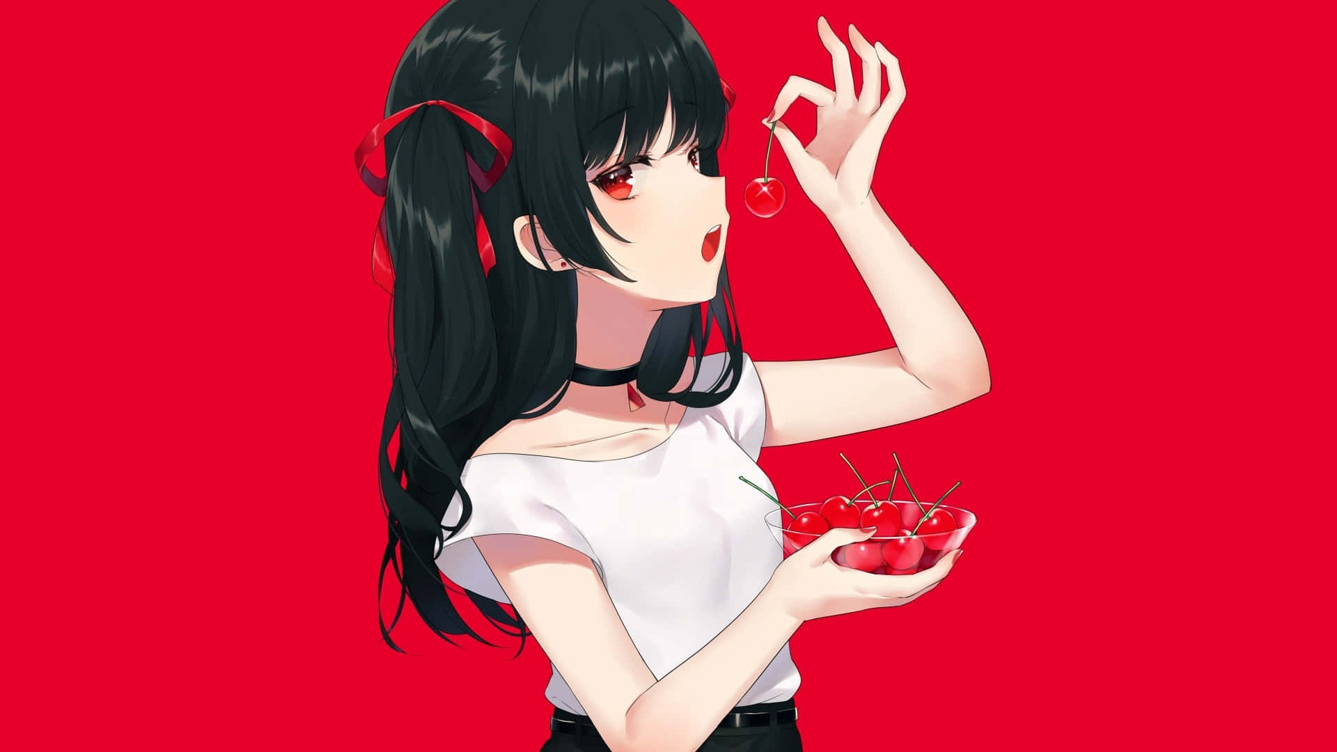 動漫女孩 桌布 壁紙 — 黑髮紅眼動漫女孩在鮮紅色背景前捧著一碗櫻桃。