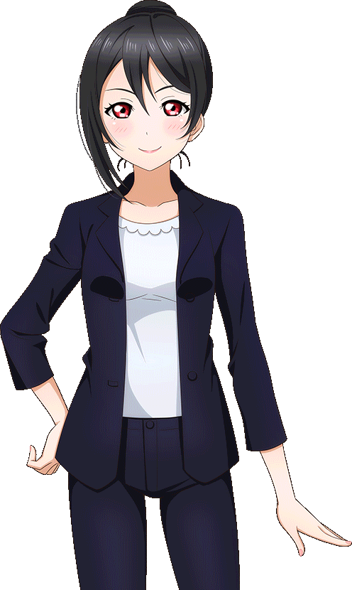 Nico Yazawa 桌布 壁紙 — 黑髮紅眼動漫女孩穿著深藍色西裝外套內搭白色上衣微笑。