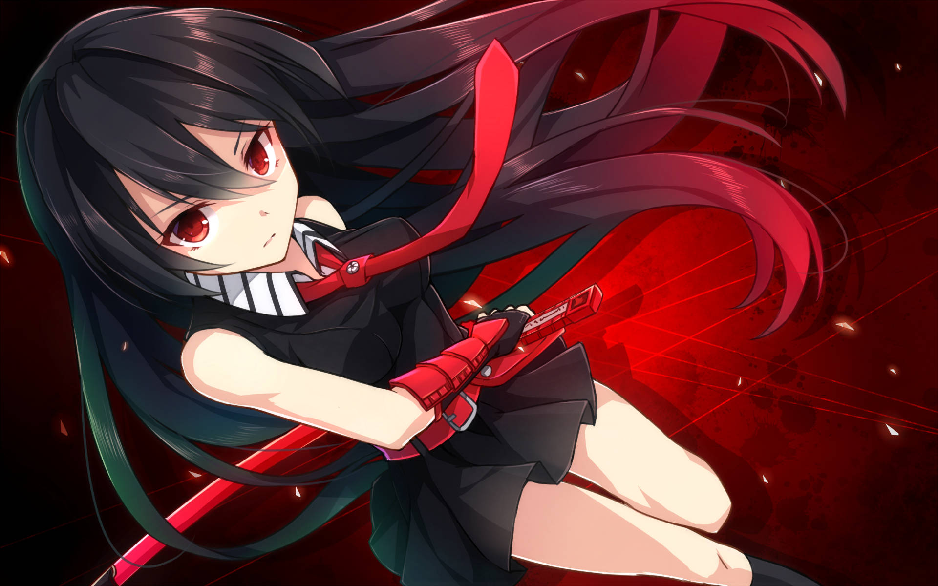 akame 桌布 壁紙 — 黑髮紅眼動漫少女在深紅色背景上揮舞紅色劍，帶有動態模糊效果。