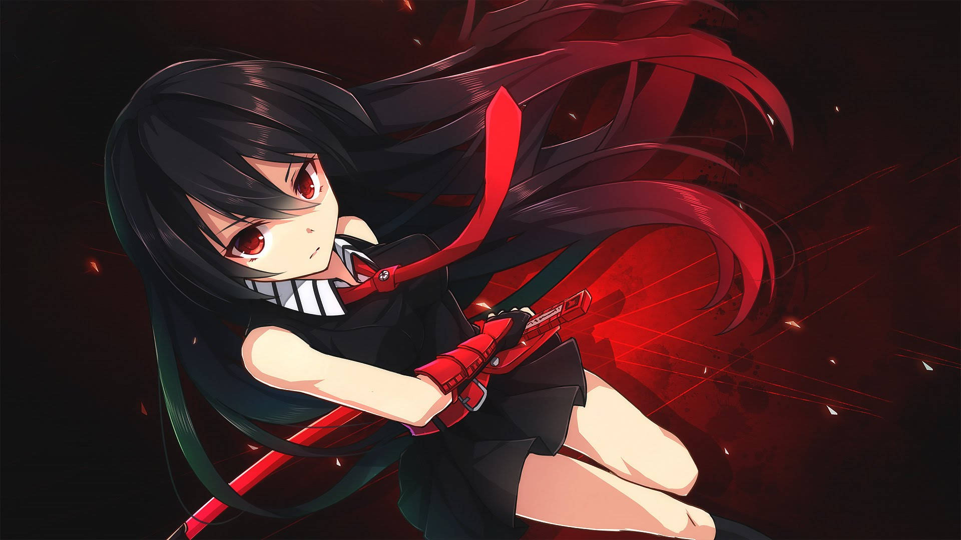 Waifu 桌布 壁紙 — 黑髮紅眼動漫少女在深紅色背景中揮舞紅色劍，帶有動態模糊效果。