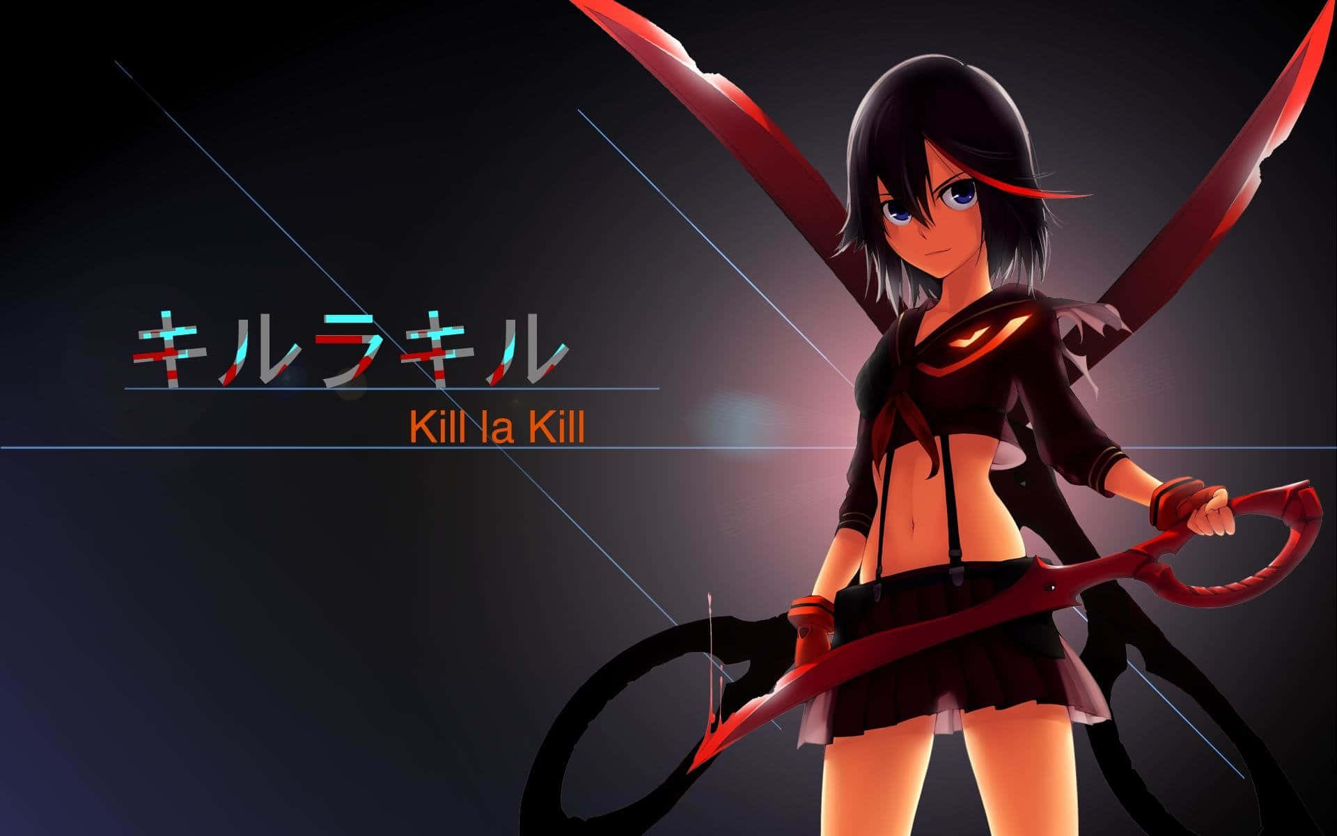 Kill La Kill 桌布 壁紙 — 黑髮紅眼動漫少女在黑暗背景中揮舞著一把巨大的紅色剪刀武器，背景有發光文字。