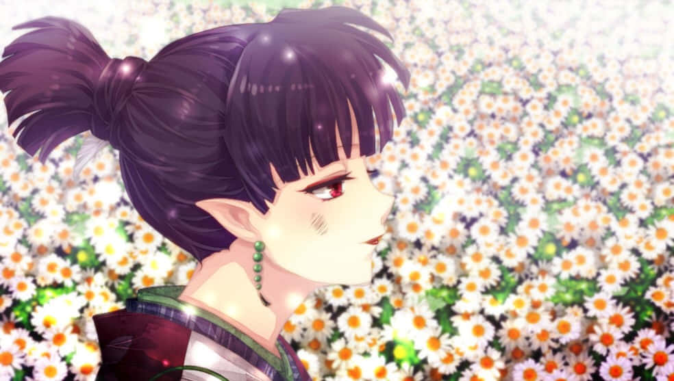 Inuyasha Kagura 桌布 壁紙 — 黑髮紅眼動漫少女靜靜地凝視著一片發光的白色雛菊花田。