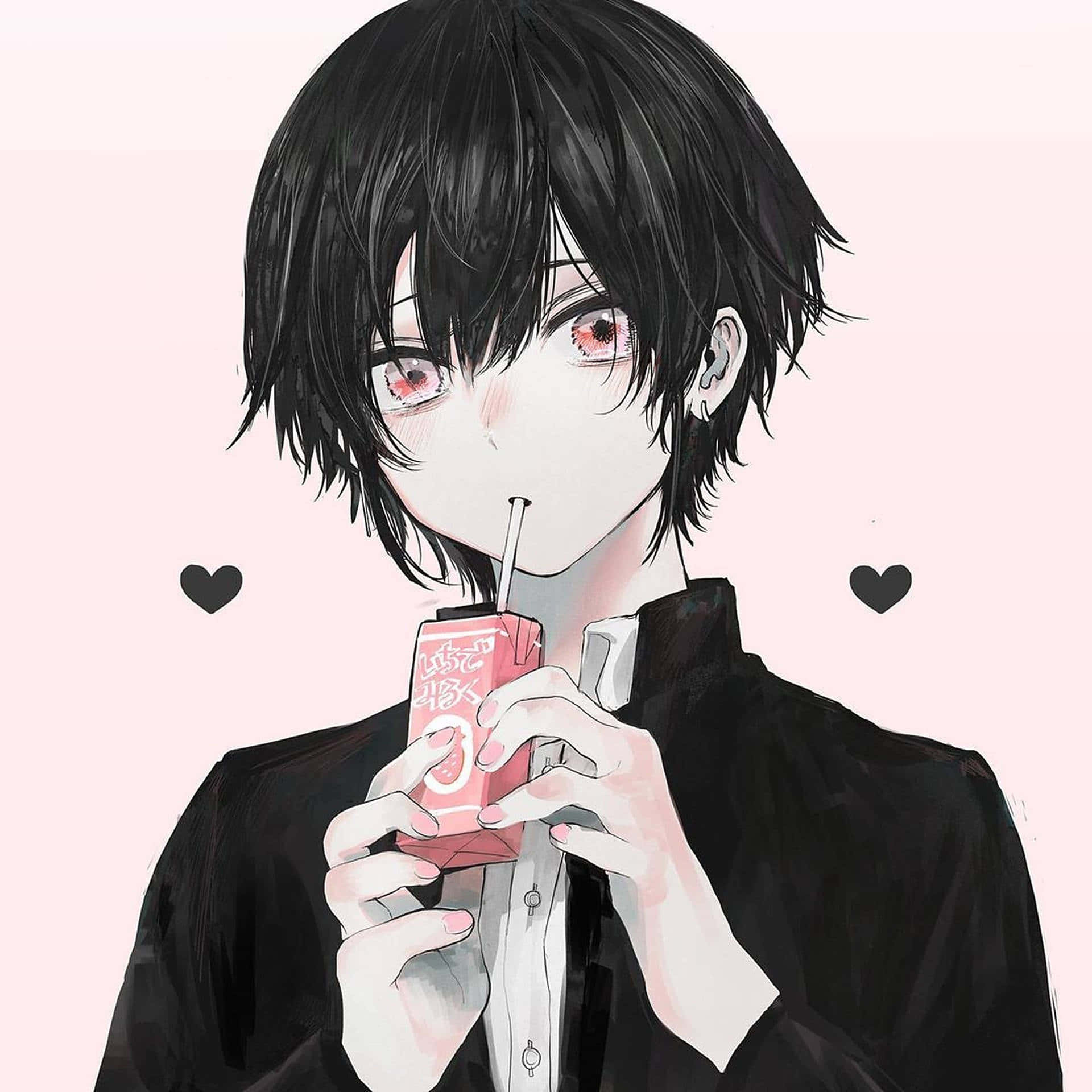 愛心 桌布 壁紙 — 黑髮紅眼動漫男孩在柔和的粉紅色背景上啜飲粉紅色飲料，背景有漂浮的心形圖案。