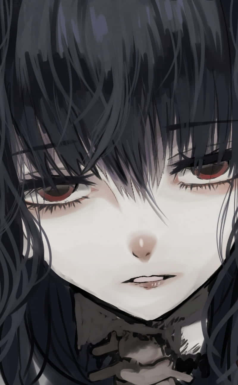 Goth Aesthetic 桌布 壁紙 — 黑髮紅眼少女的特寫動畫肖像，表情嚴肅地向前凝視。