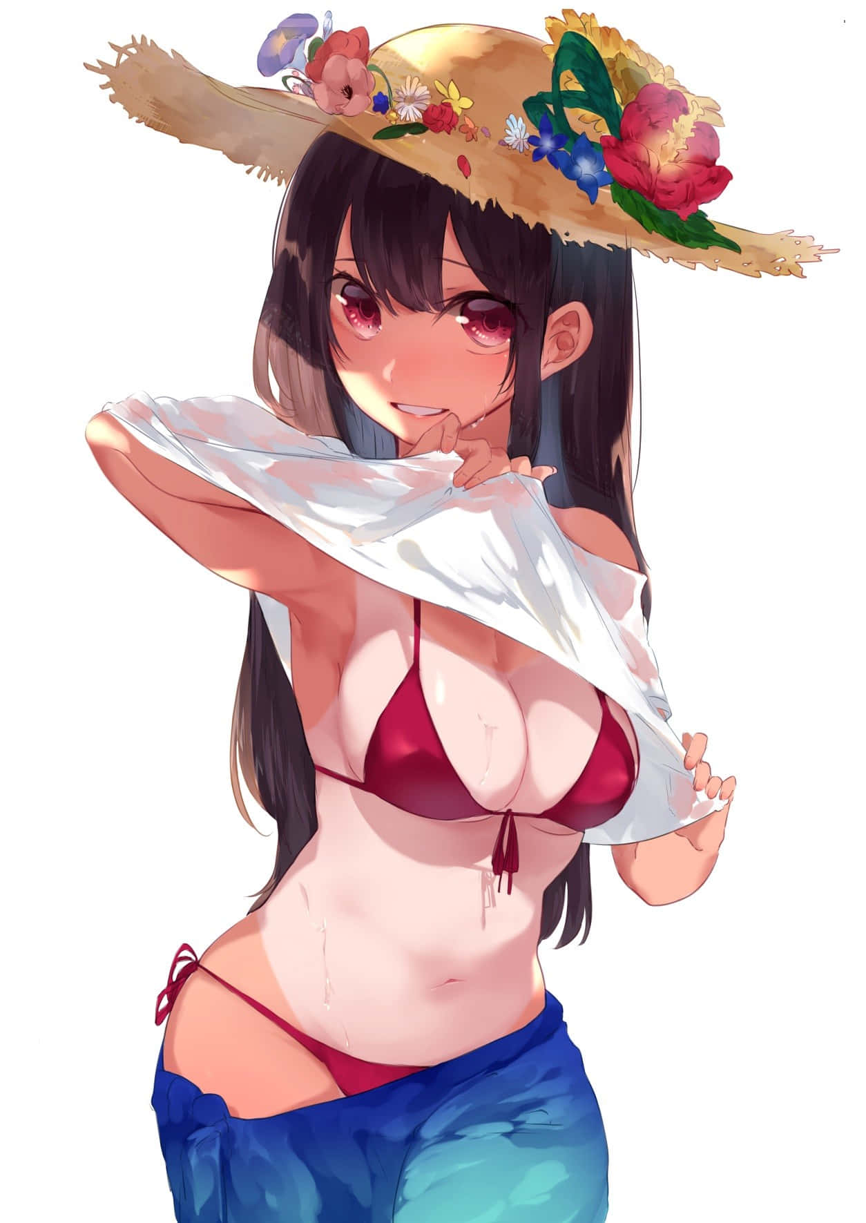 動漫女孩 桌布 壁紙 — 黑髮紅眼的動漫女孩戴著花卉草帽，將一塊白布舉起在她的紅色比基尼上衣上方。