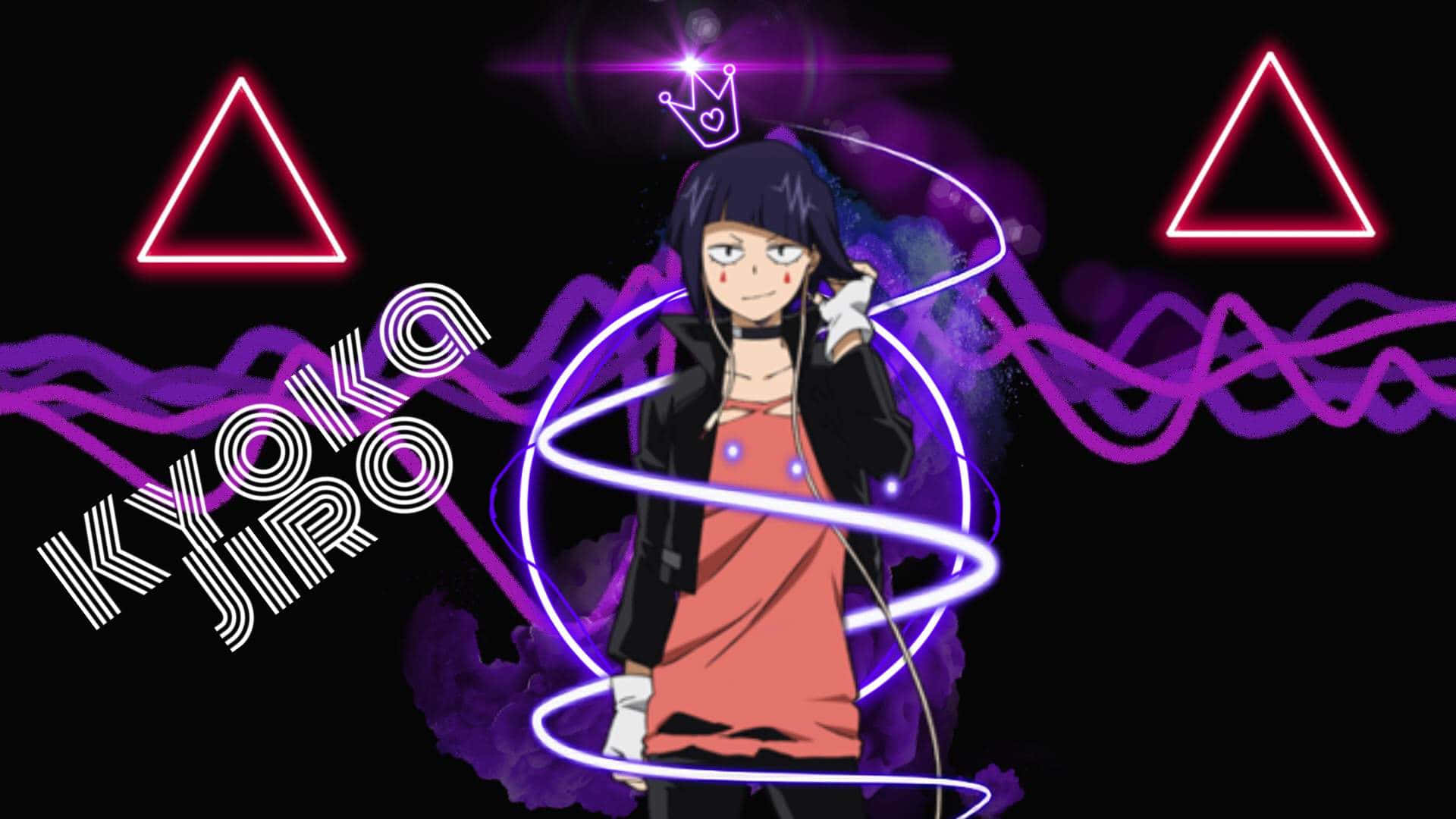 Kyoka Jiro 桌布 壁紙 — 黑髮紅眼的動漫女孩站在霓虹紫和粉紅色的發光漩渦中，背景為黑色，帶有發光三角形。