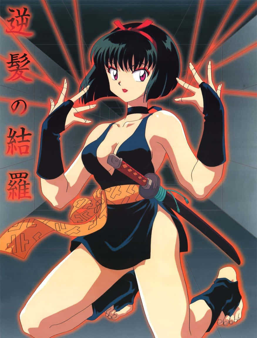 Inuyasha Yura 桌布 壁紙 — 黑髮紅眼的動漫女戰士，在帶有紅色能量射線的黑暗背景下，擺出揮舞武士刀的動感姿勢。