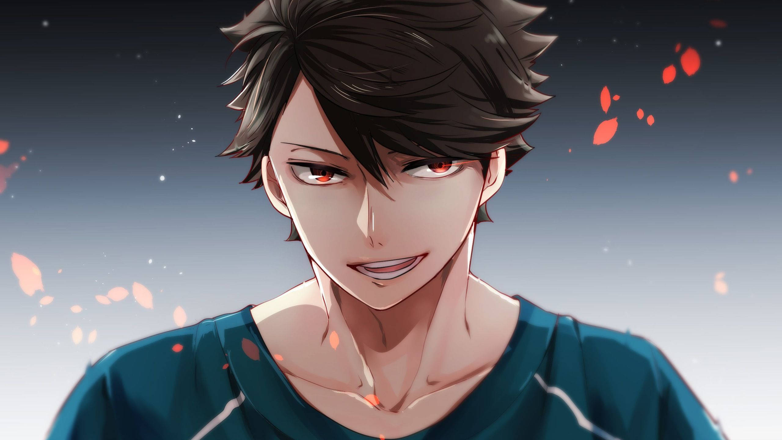 toru oikawa 桌布 壁紙 — 黑髮紅眼的動漫男孩在漸變天空下微笑，櫻花飄落在他周圍。