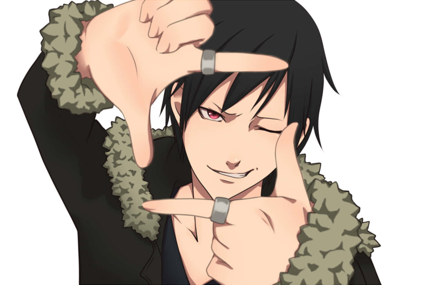 Izaya Orihara 桌布 壁紙 — 黑髮紅眼的動漫角色，戴著銀戒指的手指框住臉部，單眼眨眼。