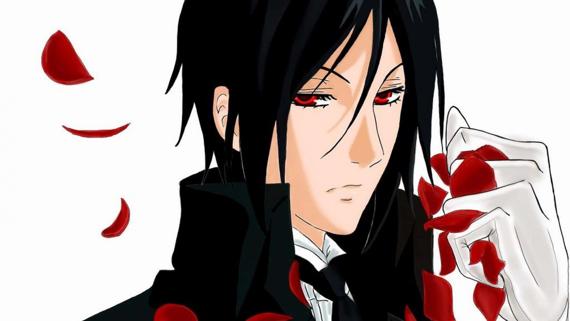sebastian michaelis 桌布 壁紙 — 黑髮紅眼的動漫角色在純白背景上手持紅色玫瑰花瓣。