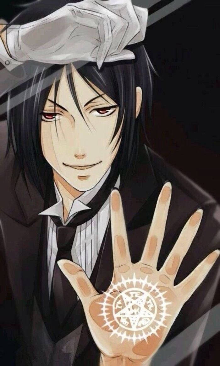 動漫男孩 桌布 壁紙 — 黑髮紅眼的動漫角色舉起手，展示一個發光的五角星符號。