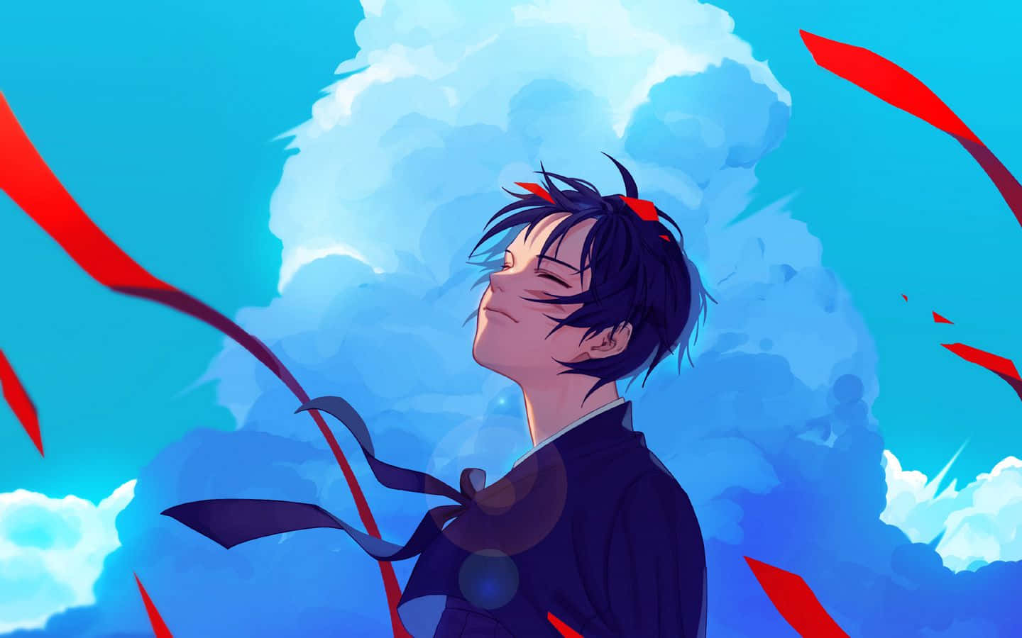 Freedom 桌布 壁紙 — 黑髮紅絲帶的動畫男孩，在藍天白雲下向上微笑。