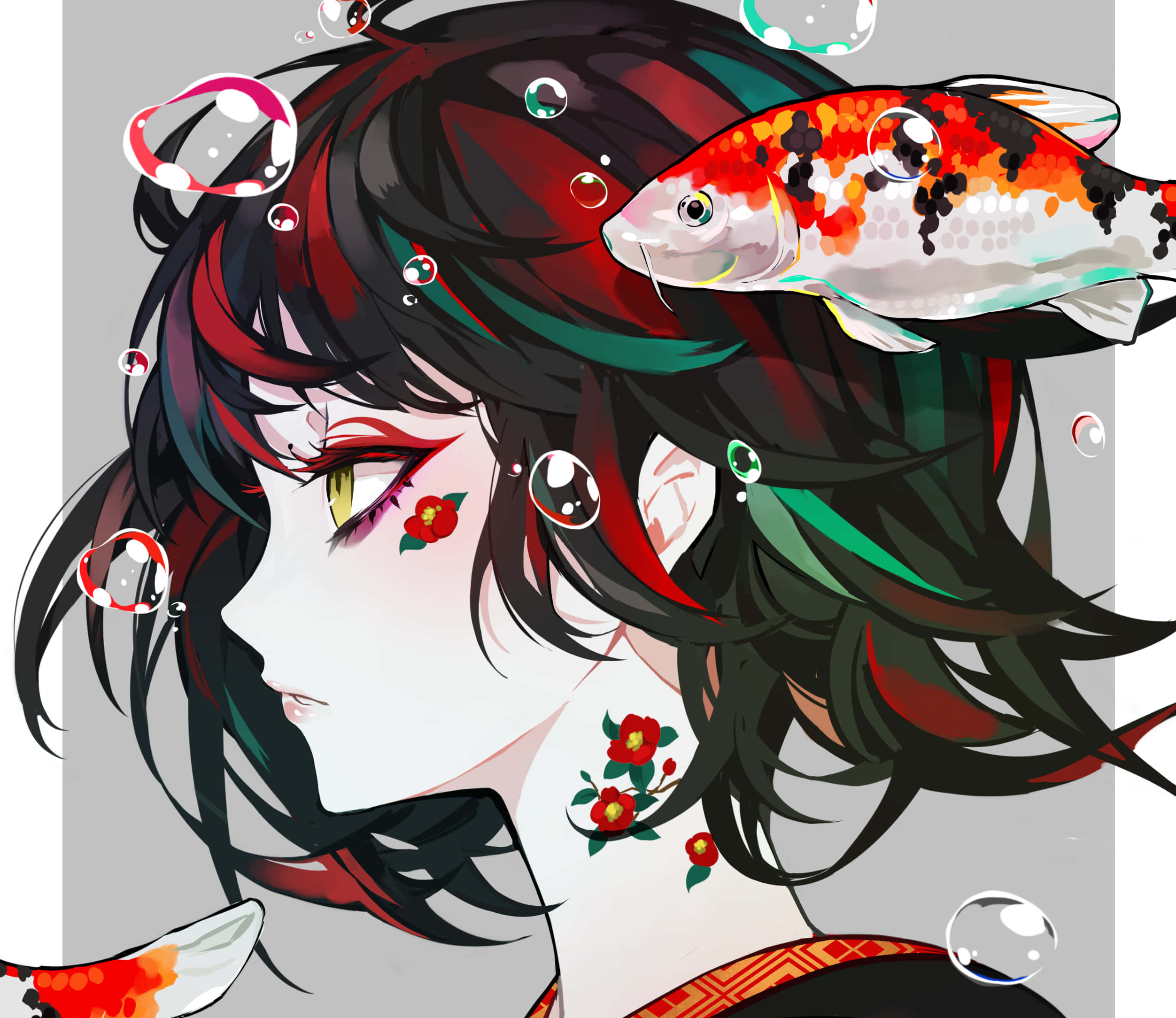 動漫 桌布 壁紙 — 黑髮紅花的動漫女孩，錦鯉在她的頭髮中游動，周圍漂浮著氣泡。