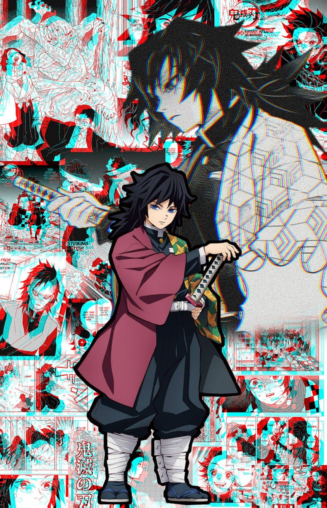 Demon Slayer Aesthetic 桌布 壁紙 — 黑髮紅衣的動漫角色手持劍，站在帶有紅青色偏移的故障漫畫面板拼貼背景前。