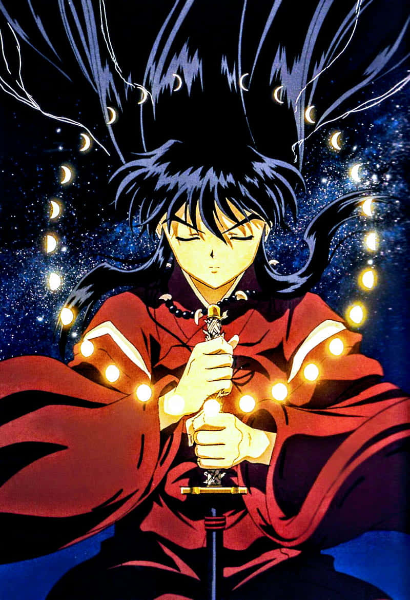 Inuyasha iPhone 桌布 壁紙 — 黑髮紅袍的動漫角色在帶有新月圖案的宇宙背景前手持發光劍。